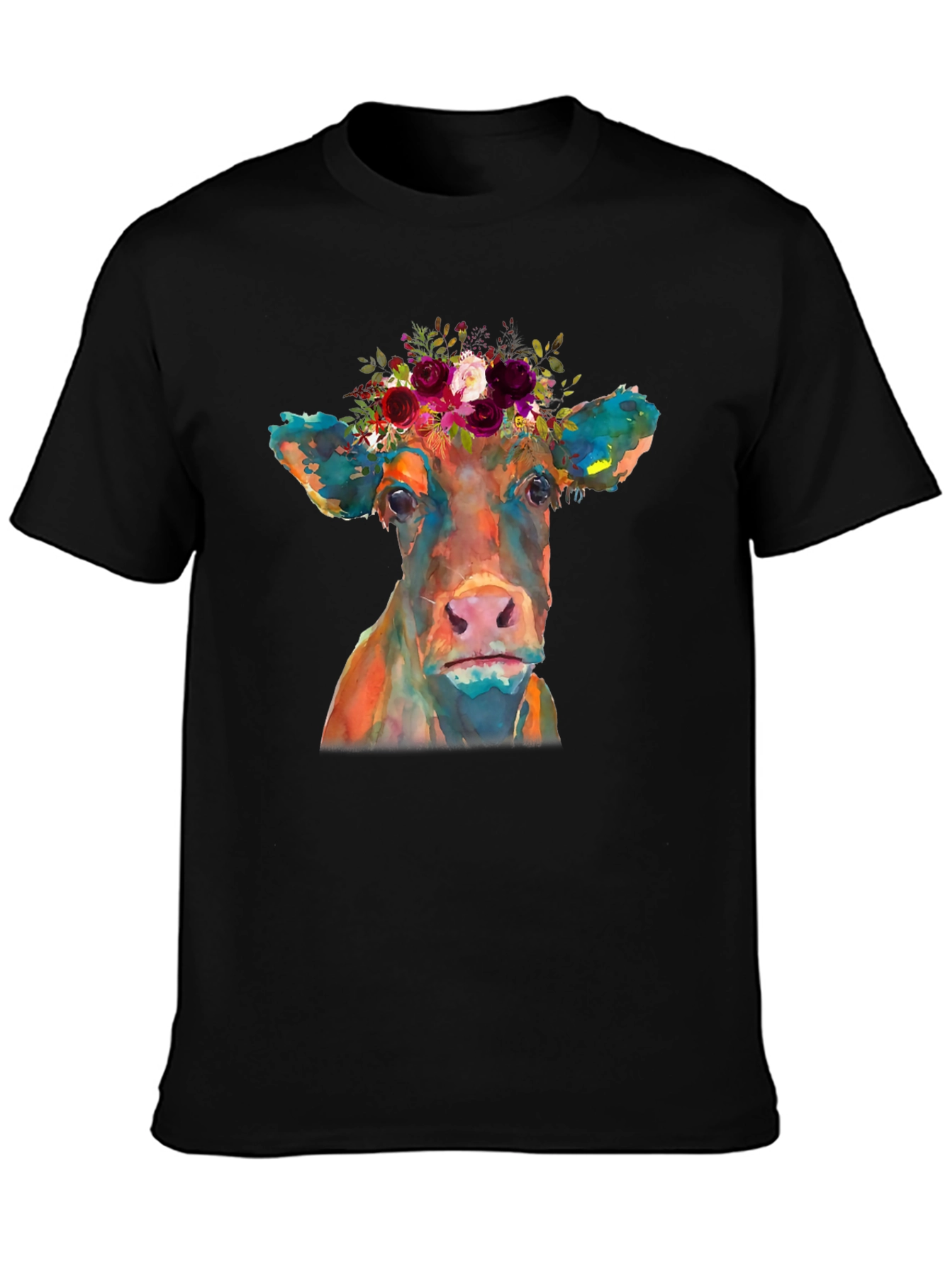 Black Floral Crown Cow Graphic Tee - Black Casual T-Shirt view 3