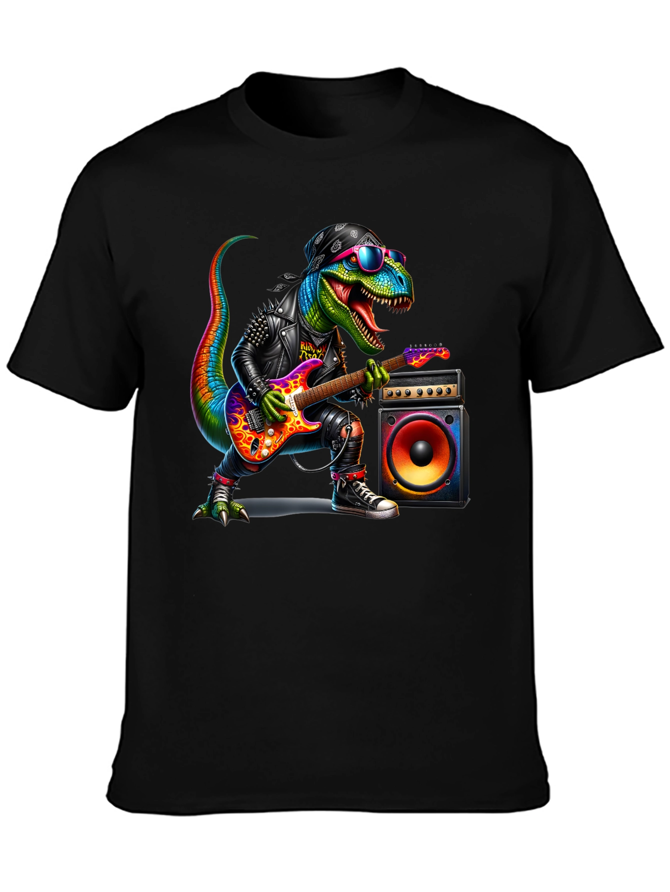 Black Rockin' Rex T-Shirt - Dinosaur Guitarist view 3