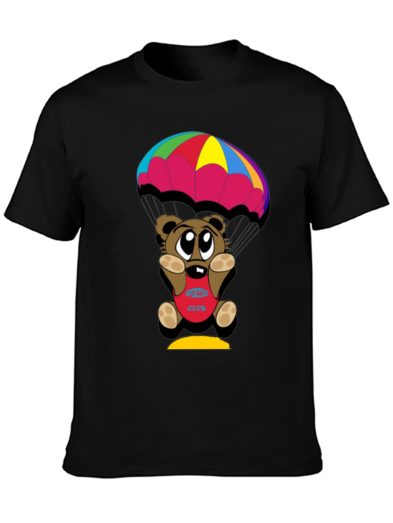 Black Cartoon Bear Parachute Black T-Shirt view 3