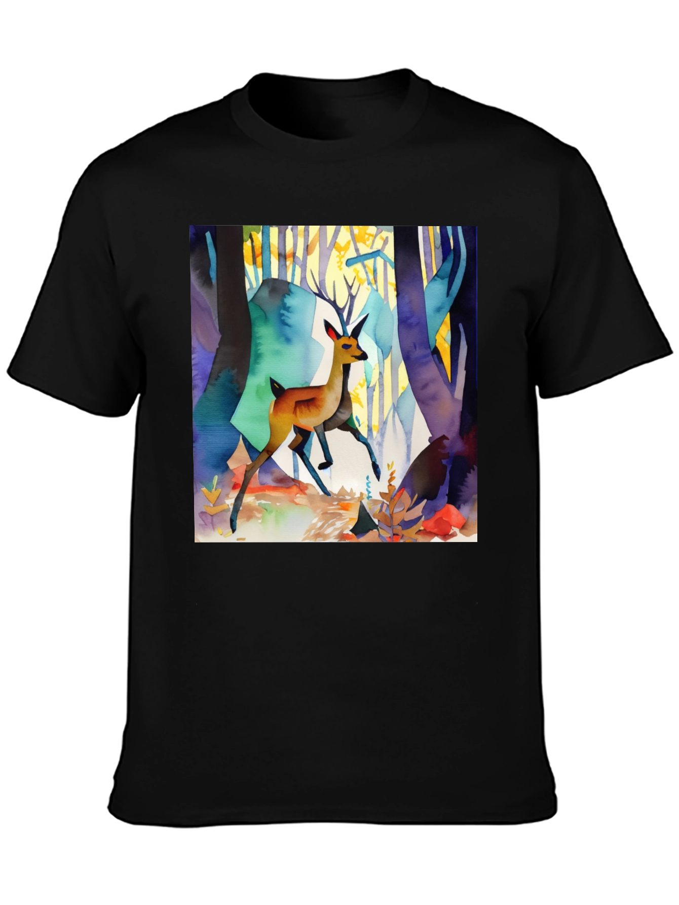 Black Watercolor Deer Forest Print Black T-Shirt view 3