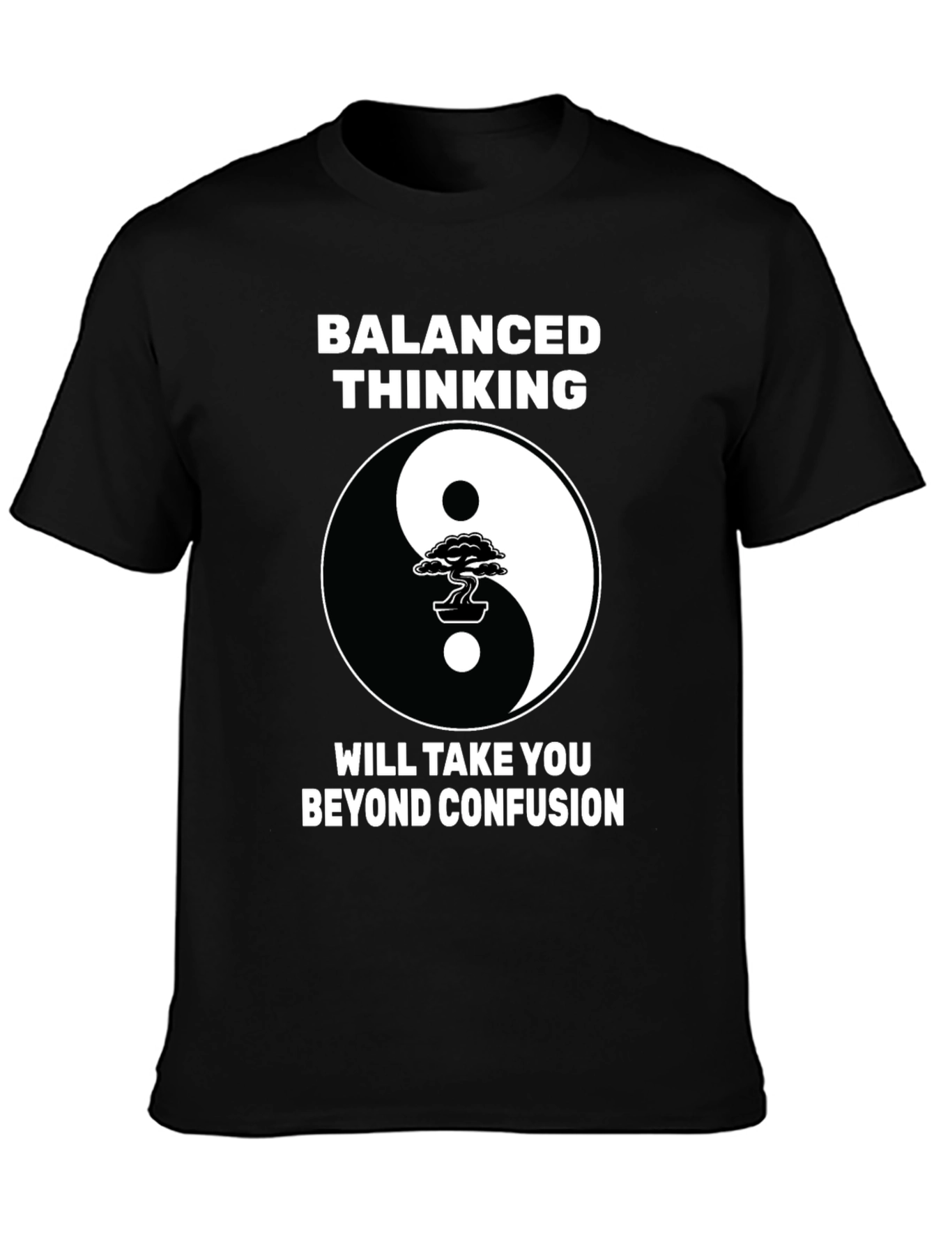 Black Balanced Thinking Yin Yang Bonsai Tree Graphic T-Shirt view 3