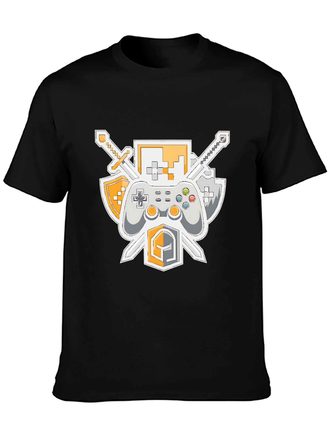 Black Gamer's Crest T-Shirt - Swords, Controller, & Shield Design view 3
