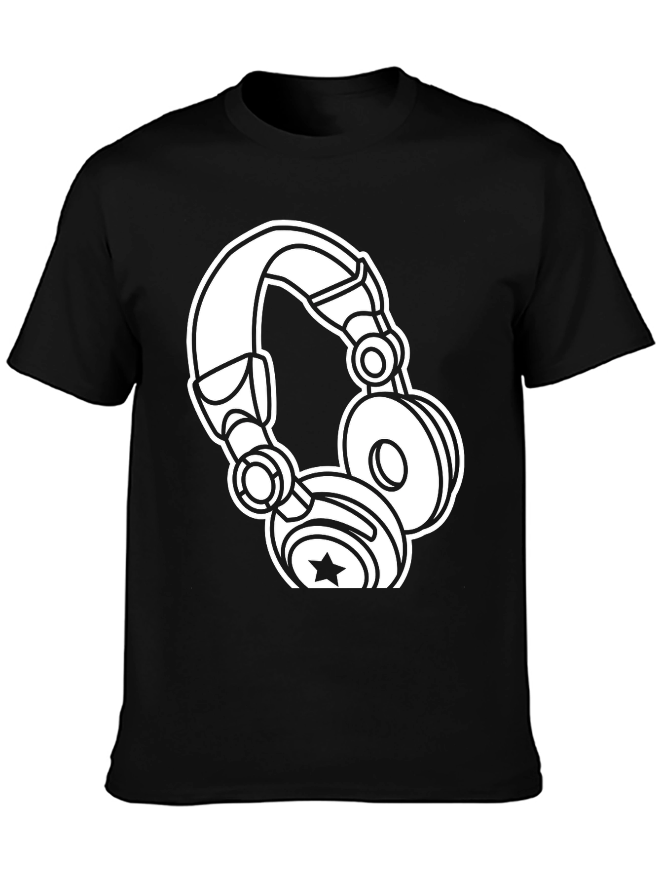Black Graphic Tee: White Headphones on Black Cotton view 3