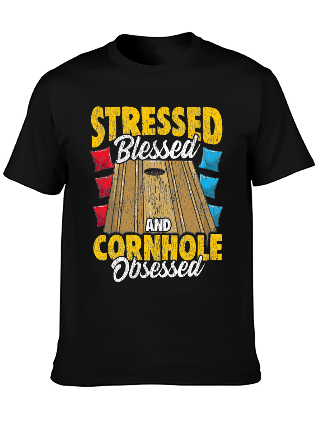 Black Stressed Blessed Cornhole Obsessed Graphic Tee view 3