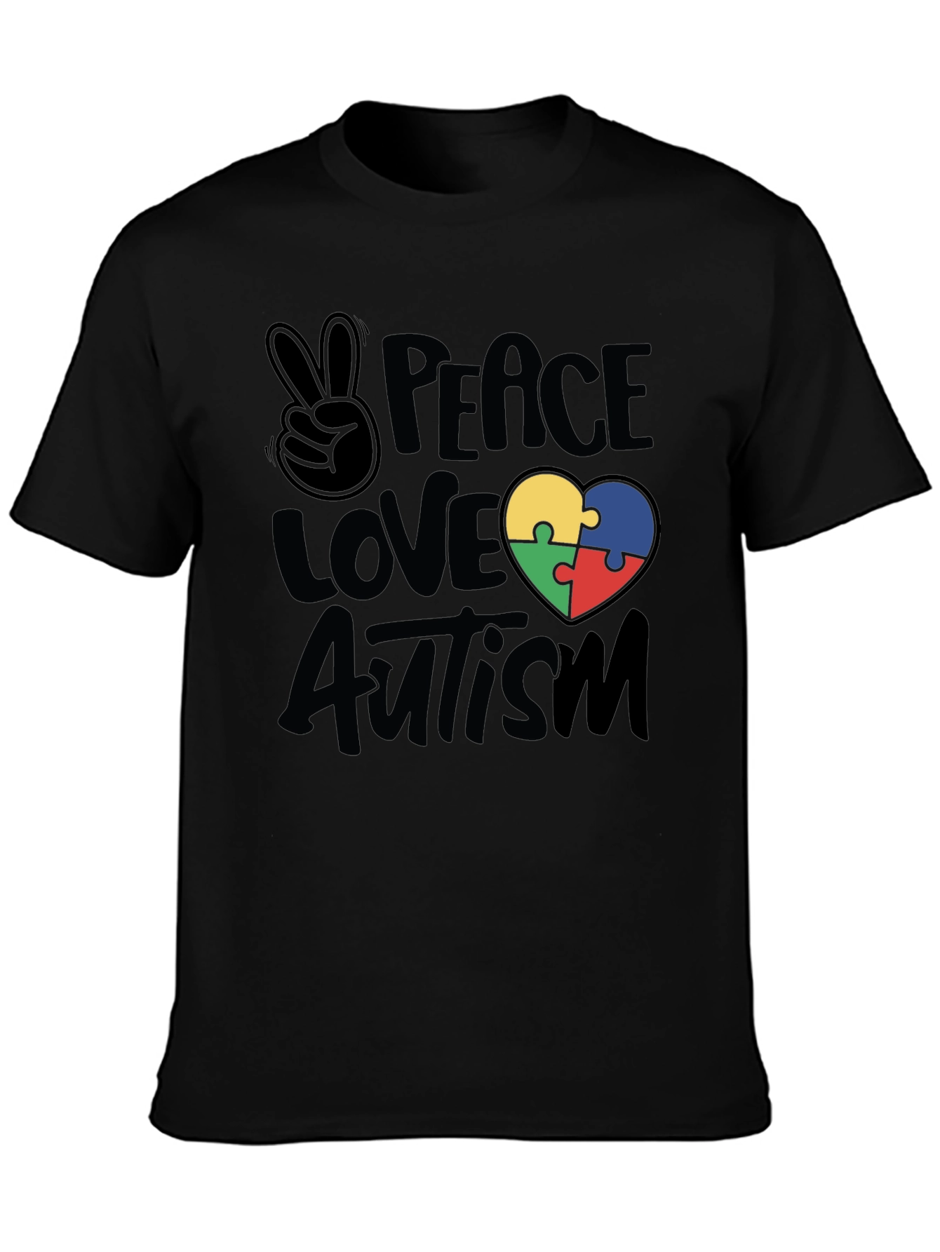 Black Peace Love Autism Puzzle Heart T-Shirt view 3