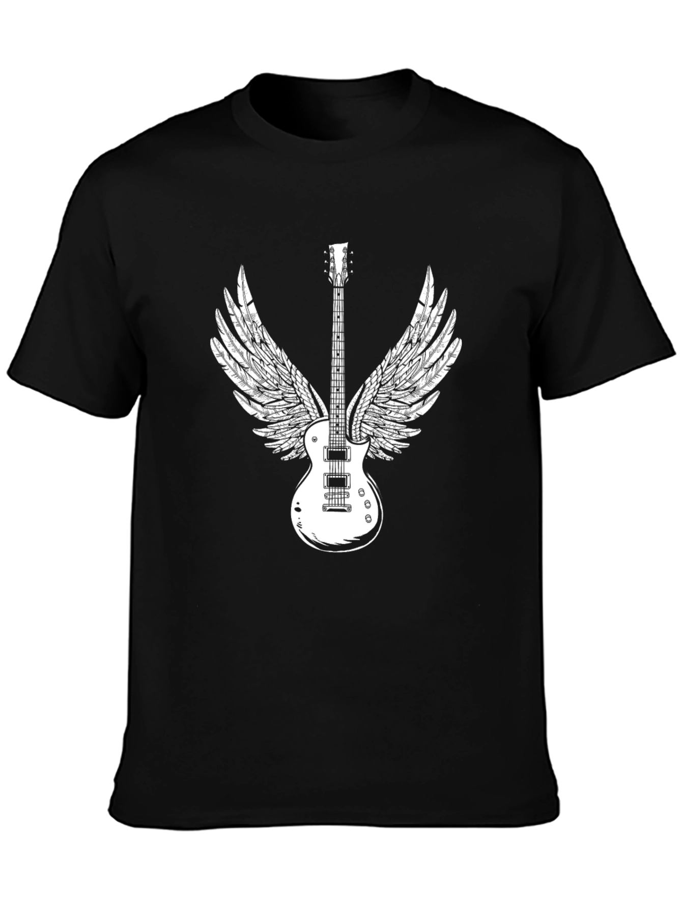 Black Winged Guitar Graphic Tee - Black Cotton Casual T-Shirt view 3