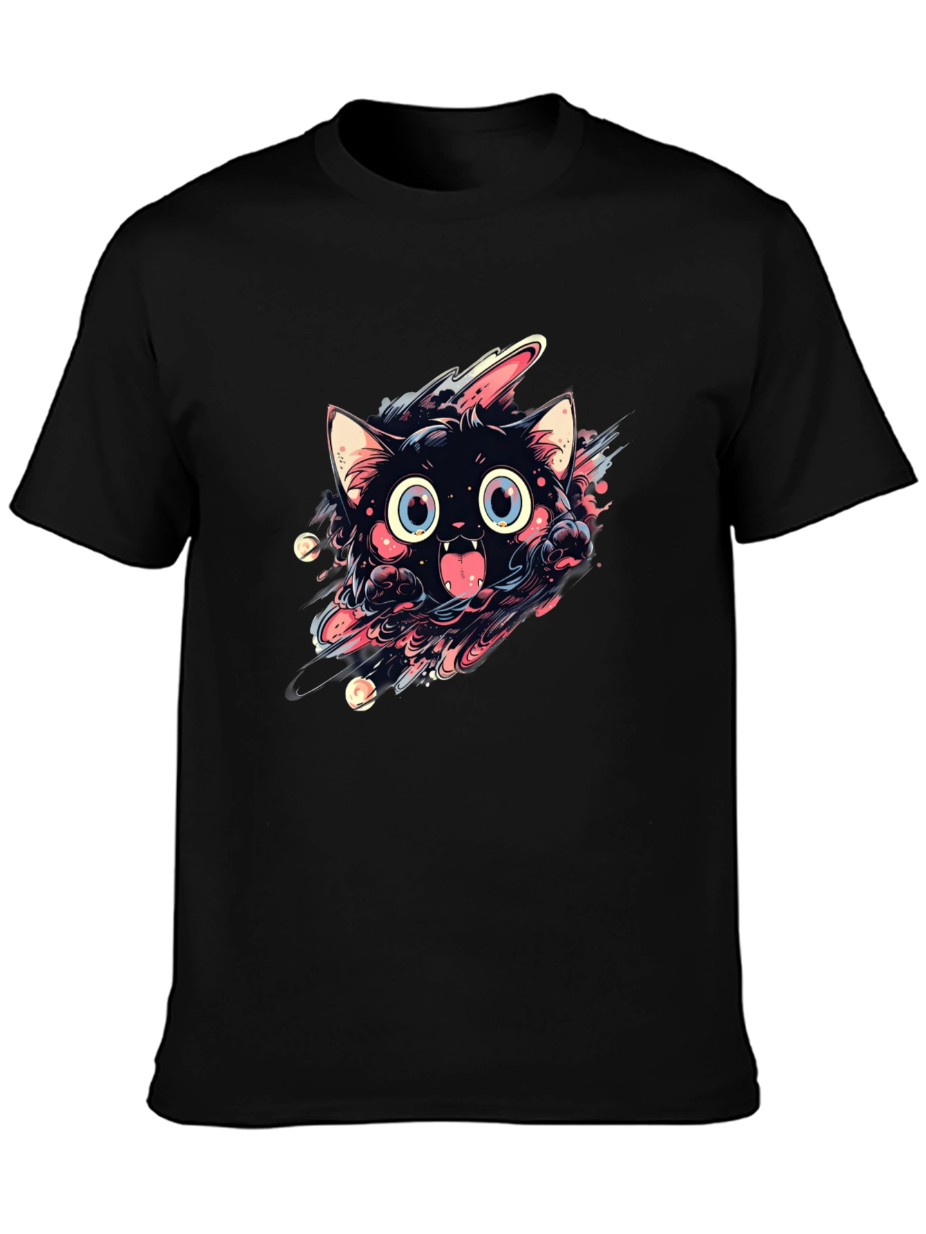 Black Cartoon Cat Graphic Black T-Shirt view 3