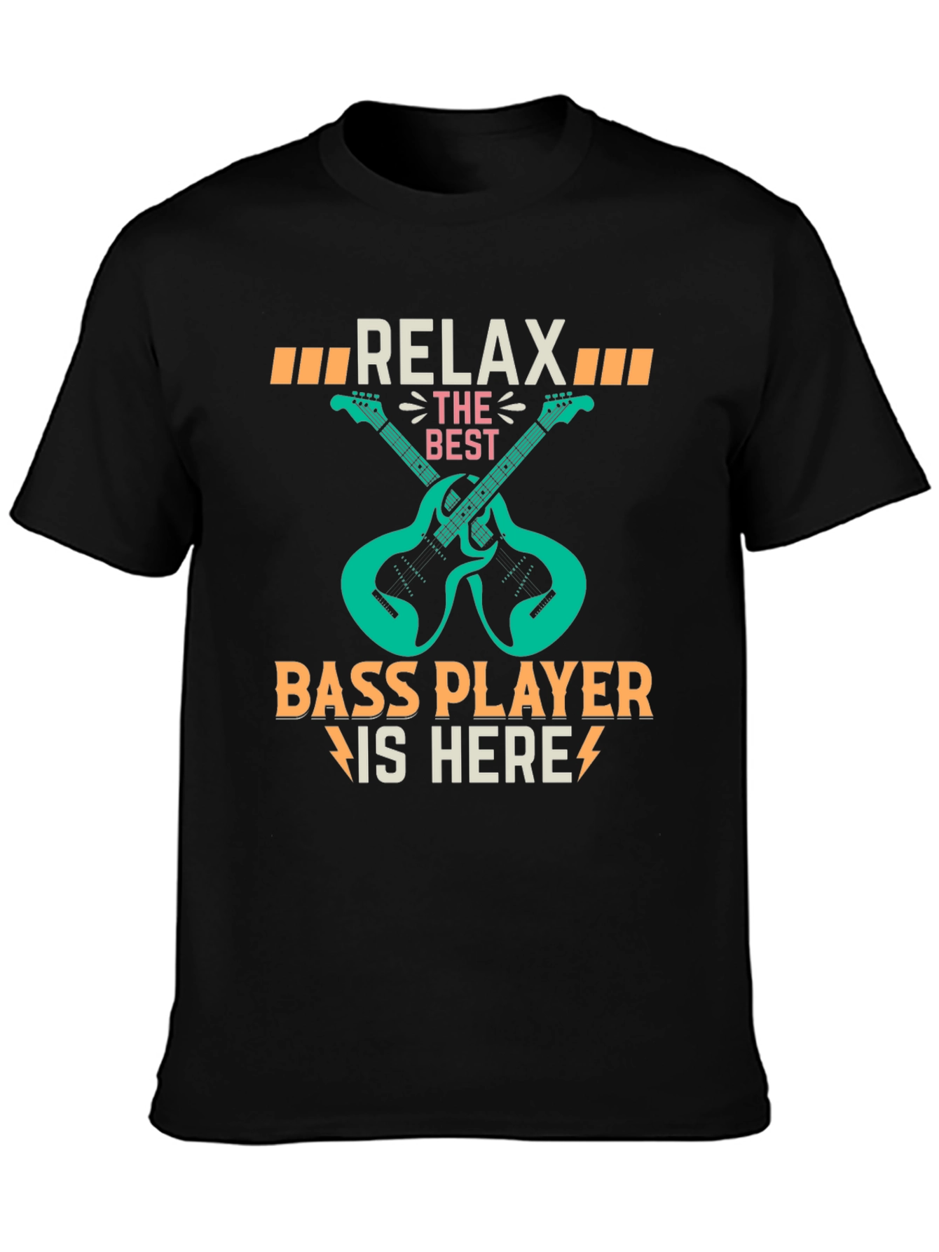 Black Relax Bass Player Here Graphic T-Shirt view 3
