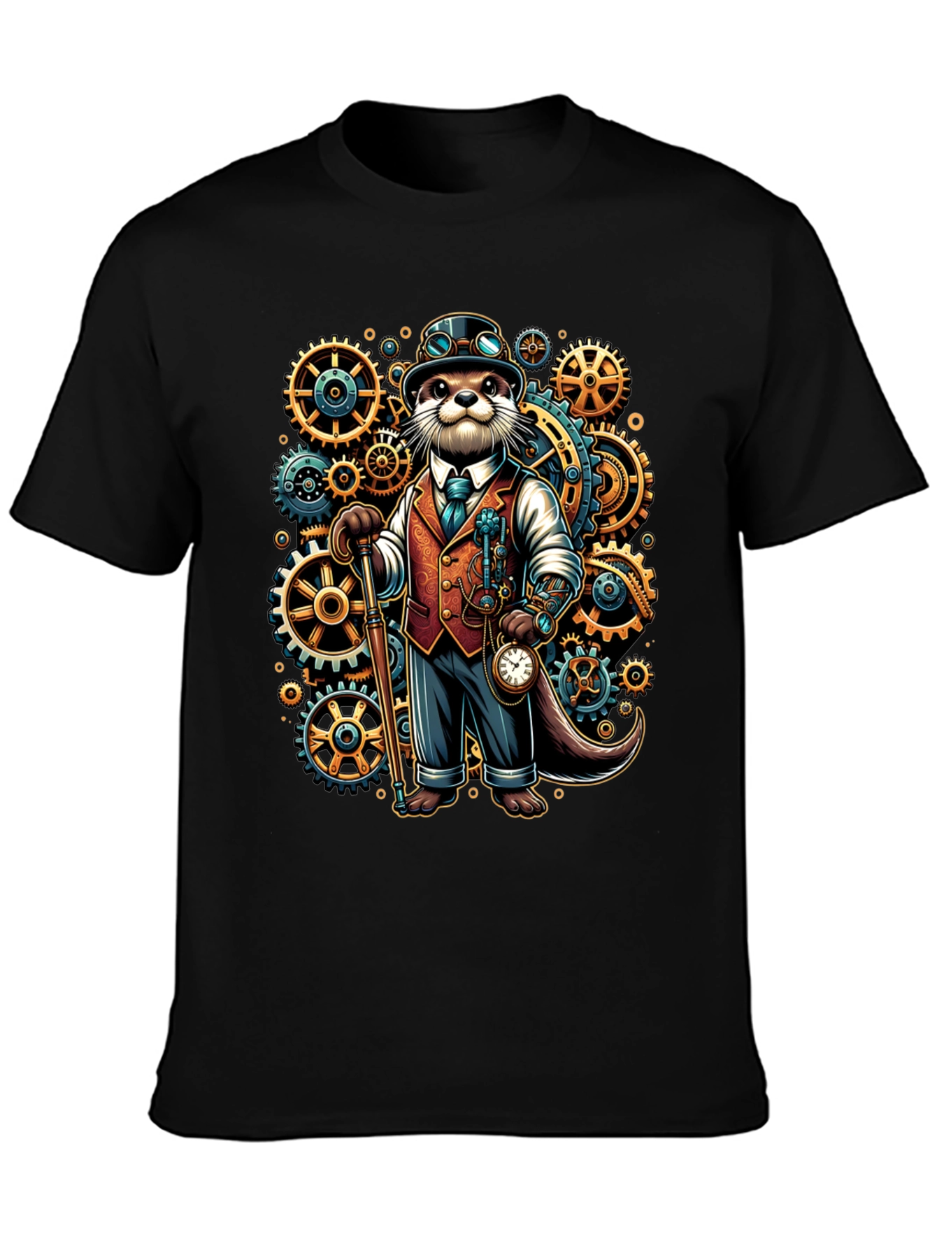 Black Steampunk Otter Graphic Tee view 3