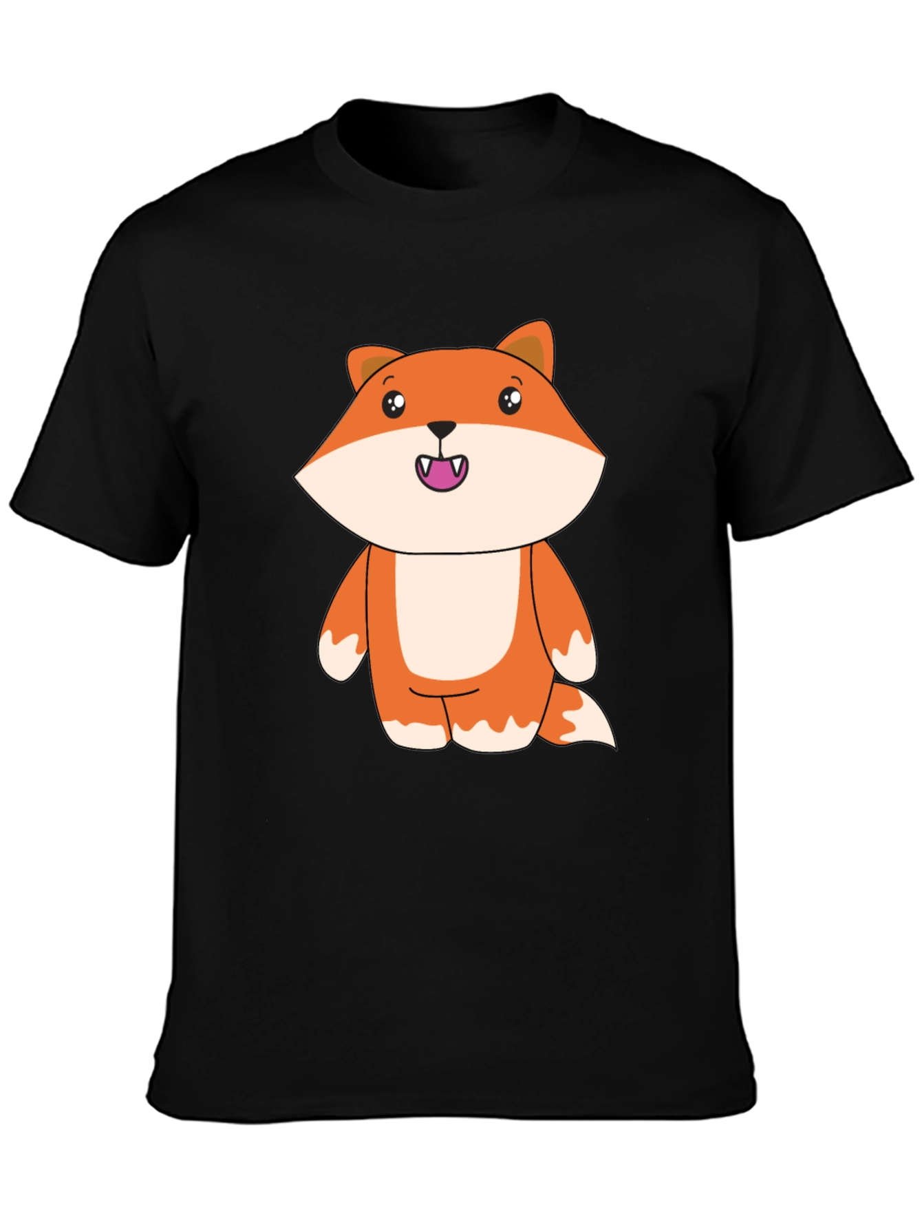 Black Cute Cartoon Fox Black T-Shirt view 3