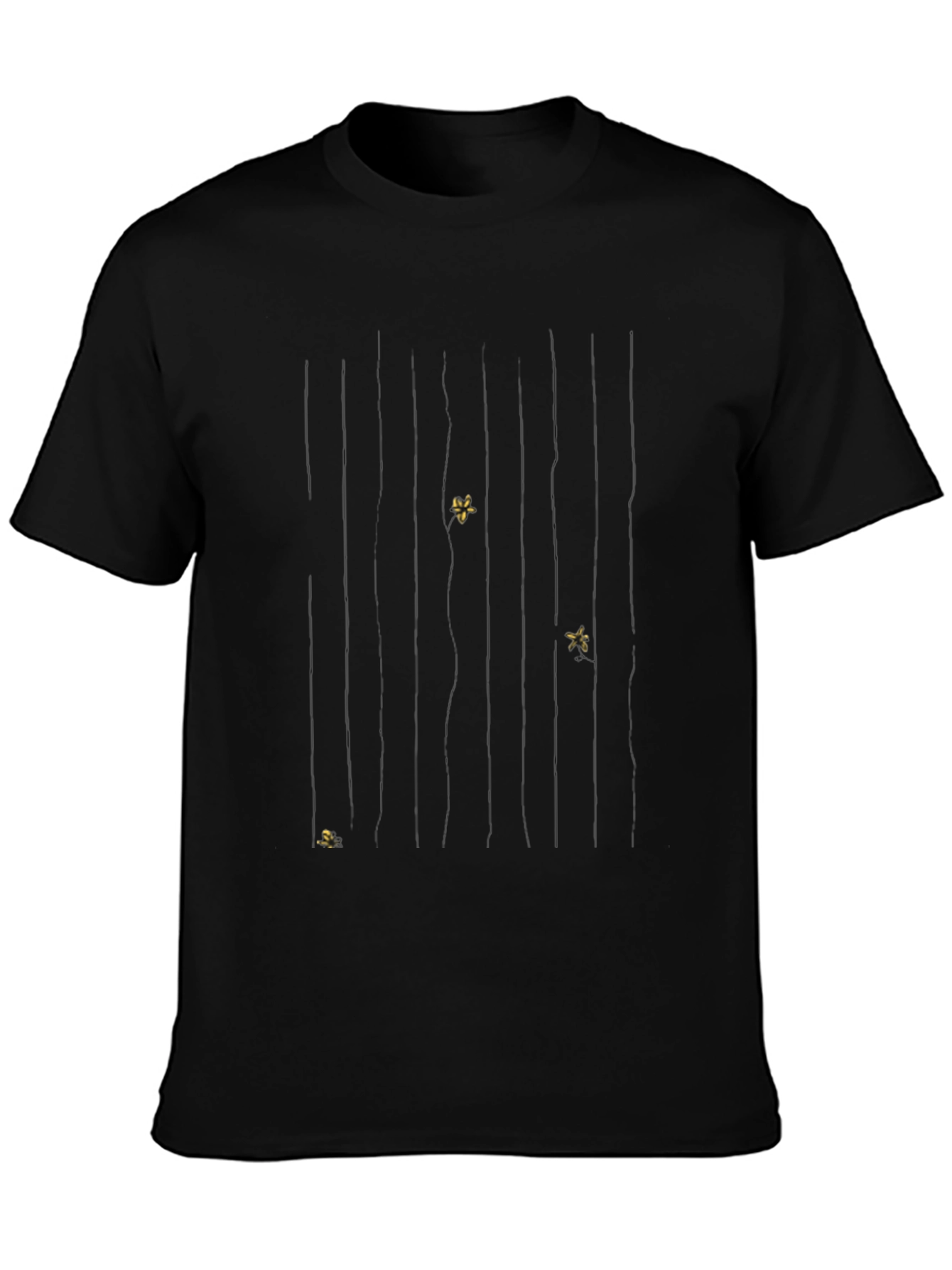 Black Men's Black Crew Neck T-Shirt with Gold Floral Accents view 3