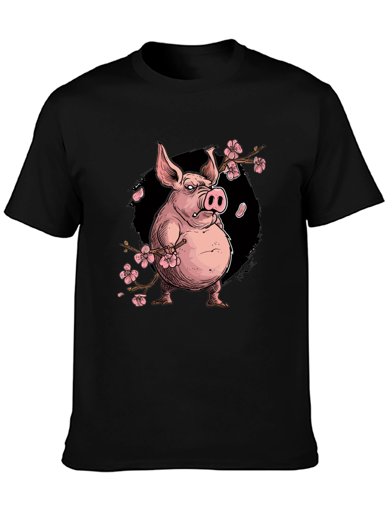 Black Pig with Cherry Blossoms Graphic T-Shirt view 3