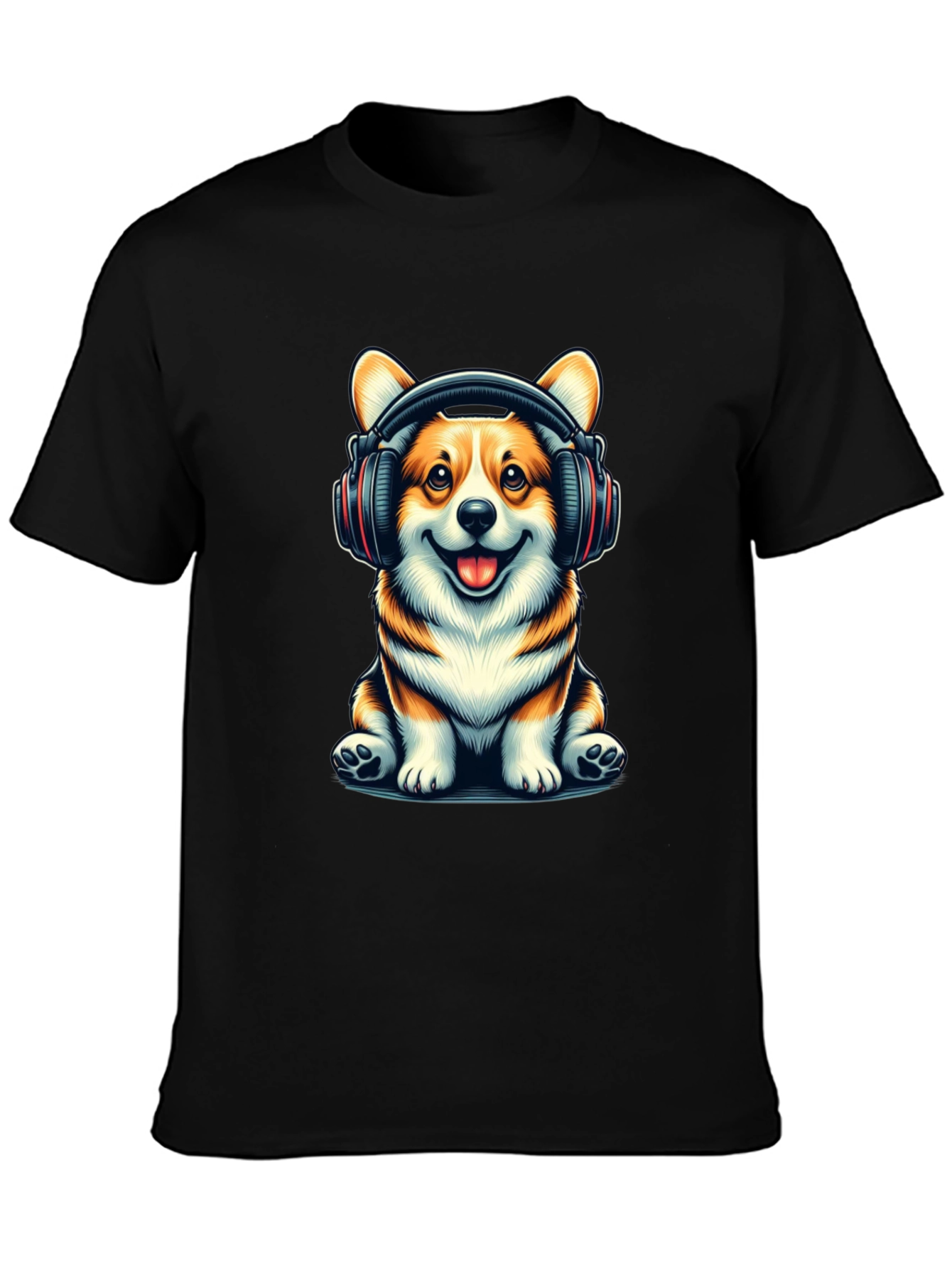 Black Corgi Headphones Graphic T-Shirt view 3