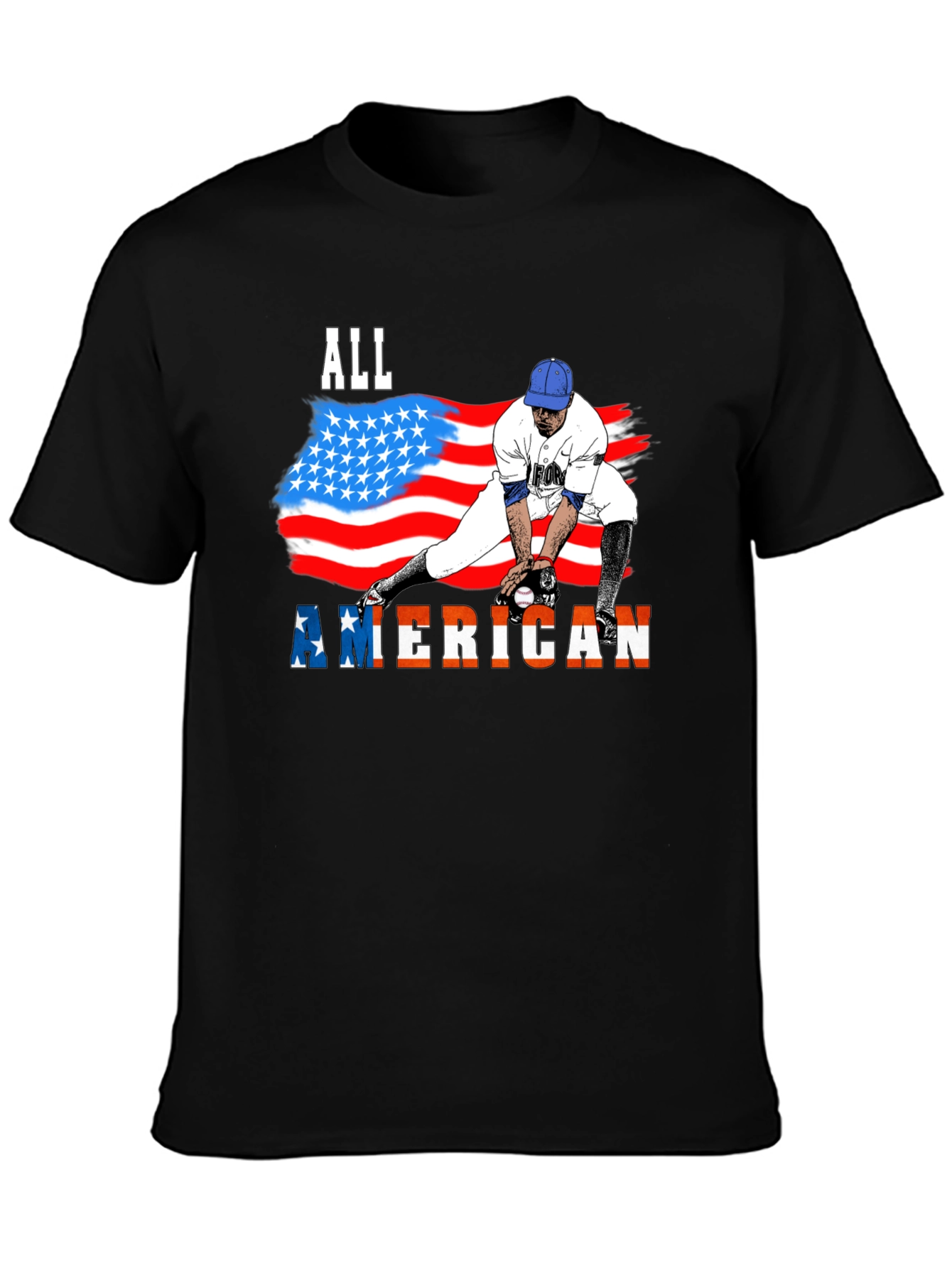 Black All American Baseball T-Shirt - Patriotic USA Flag Design view 3