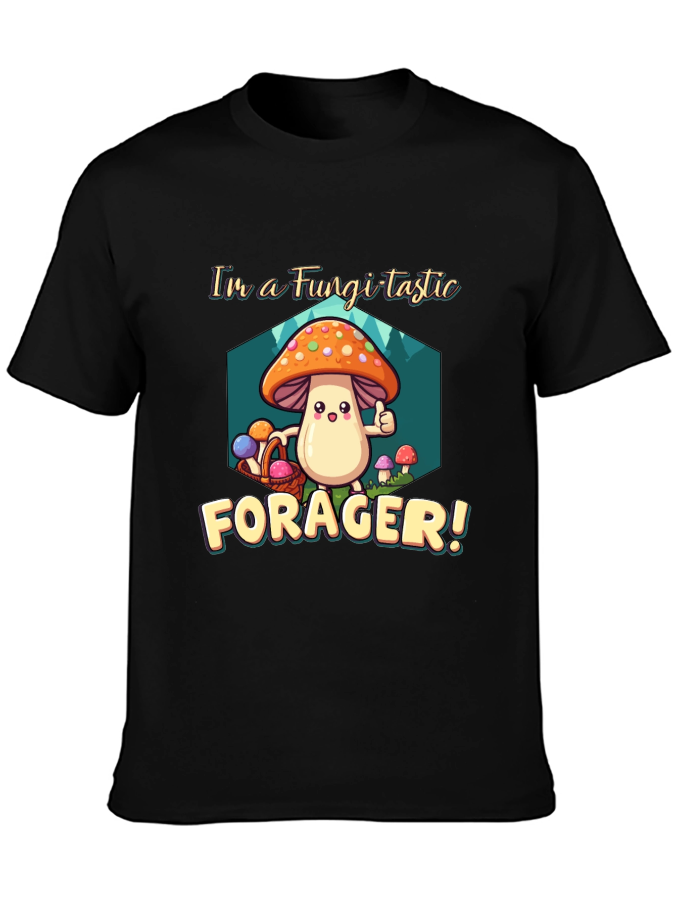 Black Fungi-tastic Forager T-Shirt - Fun Mushroom Design view 3