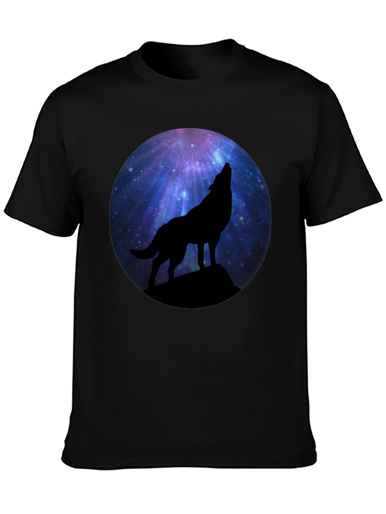 Black Wolf Howling at Galaxy Moon Men's Black T-Shirt view 3