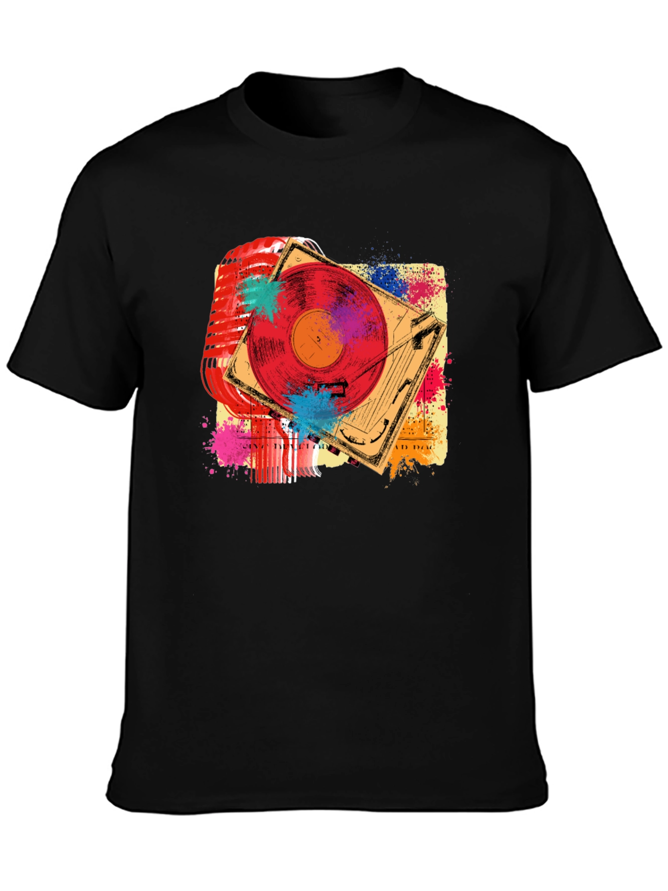 Black Retro Music T-Shirt - Microphone & Turntable Design view 3