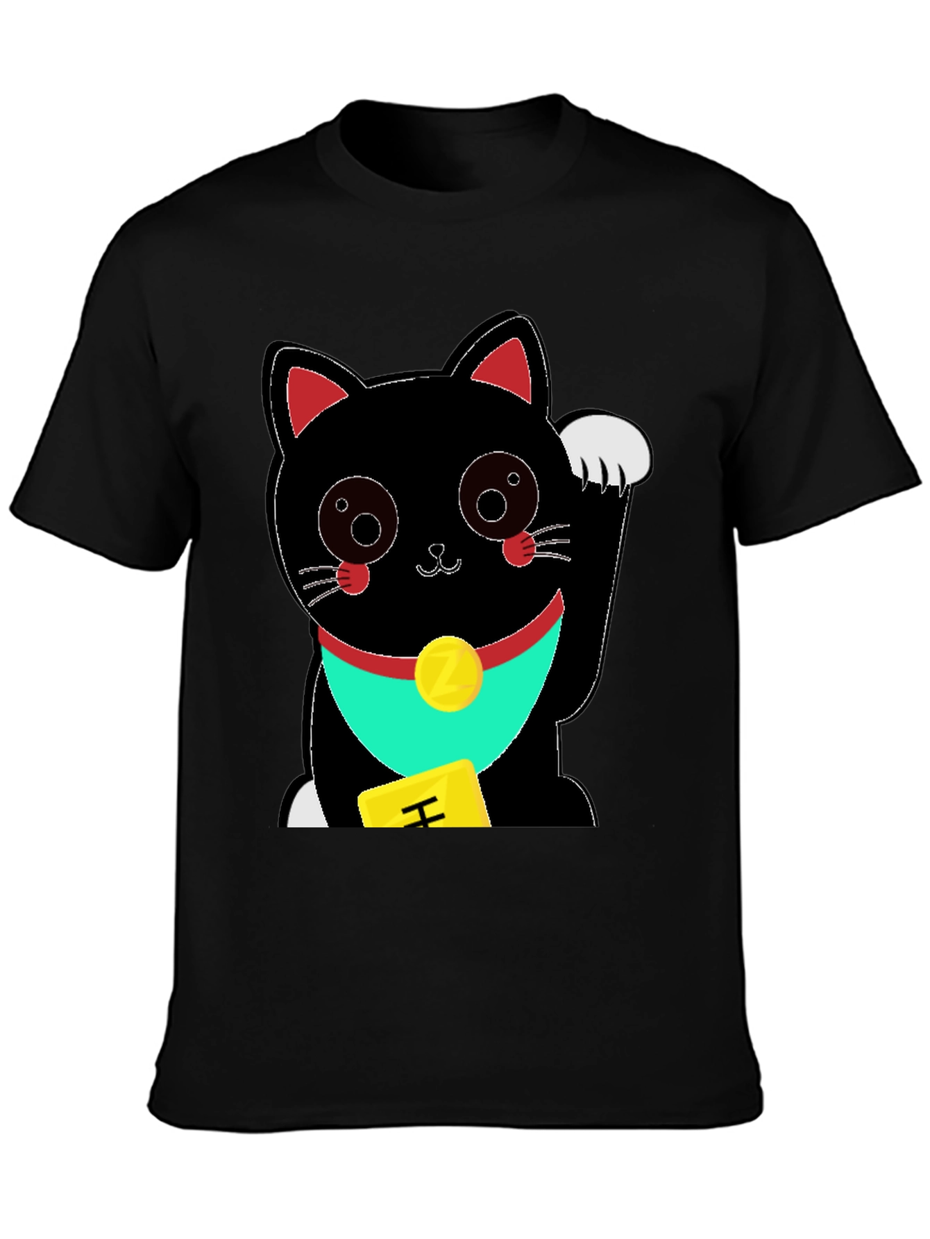 Black Lucky Cat Graphic Tee - Soft Black Cotton T-Shirt view 3