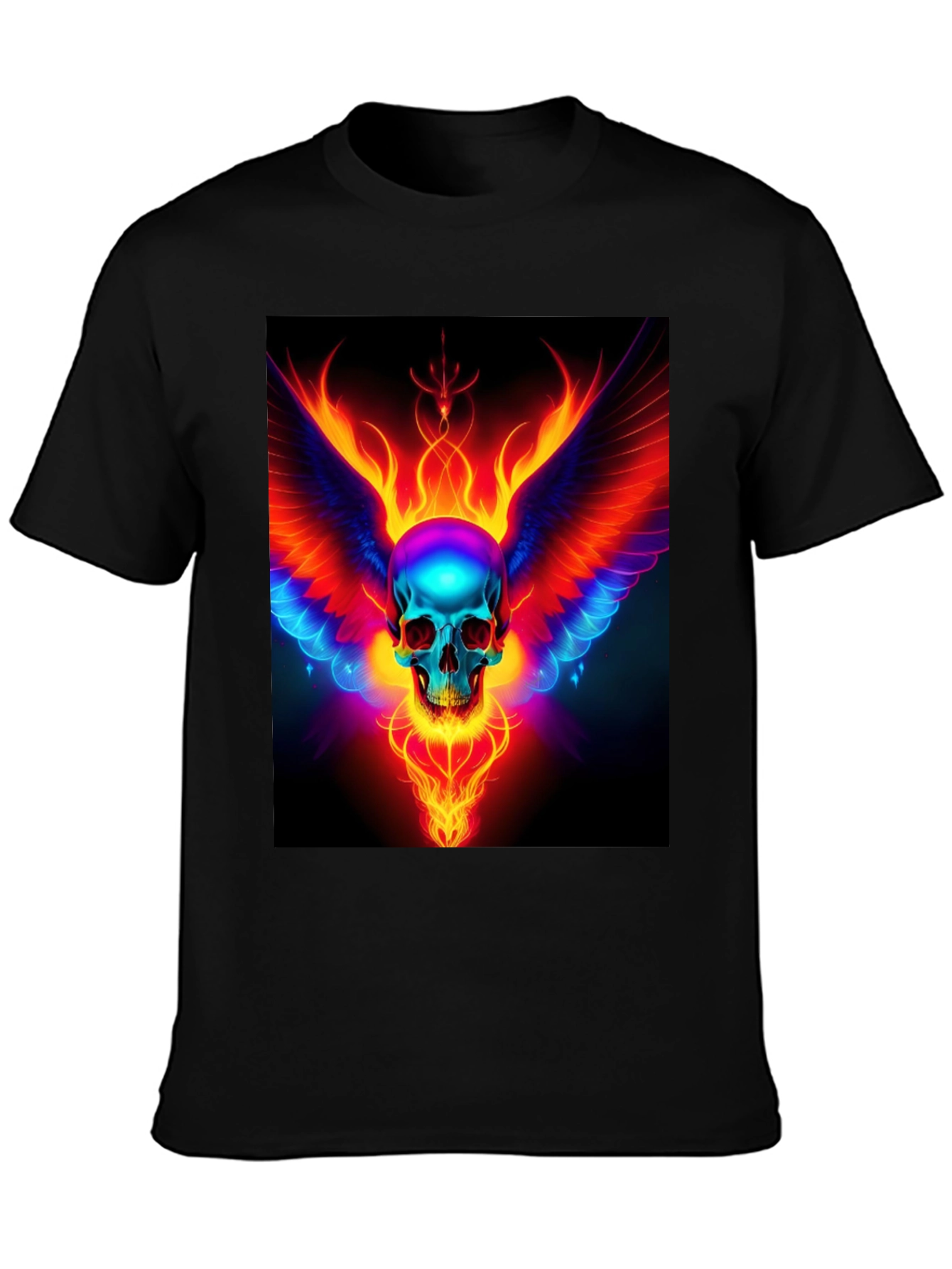 Black Flaming Skull Wings Graphic Black T-Shirt view 3