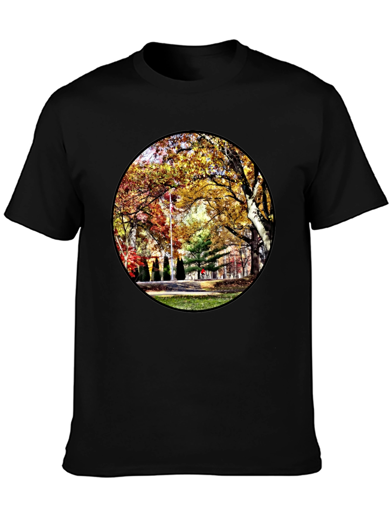Black Autumn Park Scene Black T-Shirt view 3