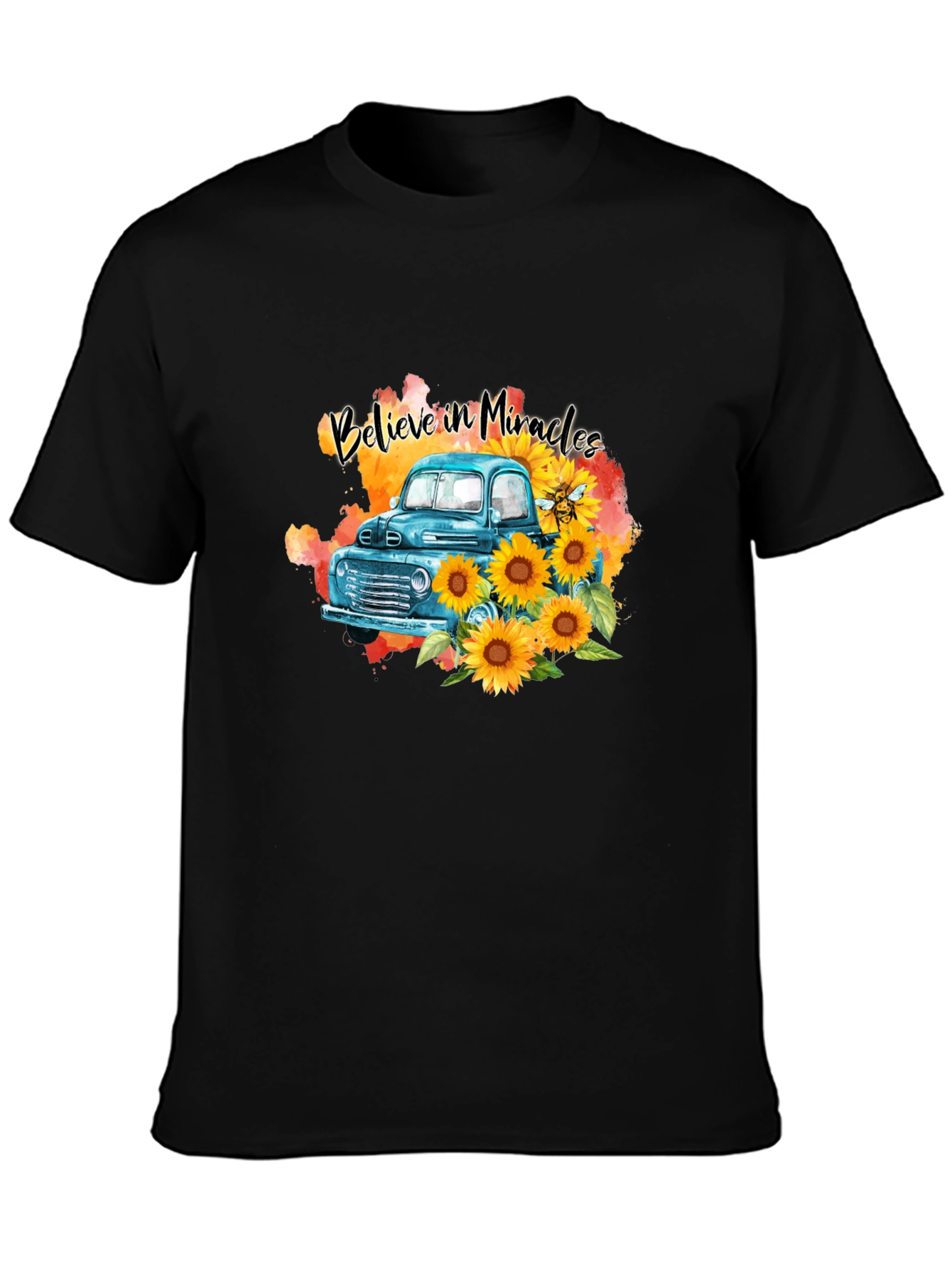 Black Believe in Miracles Sunflower Truck T-Shirt view 3