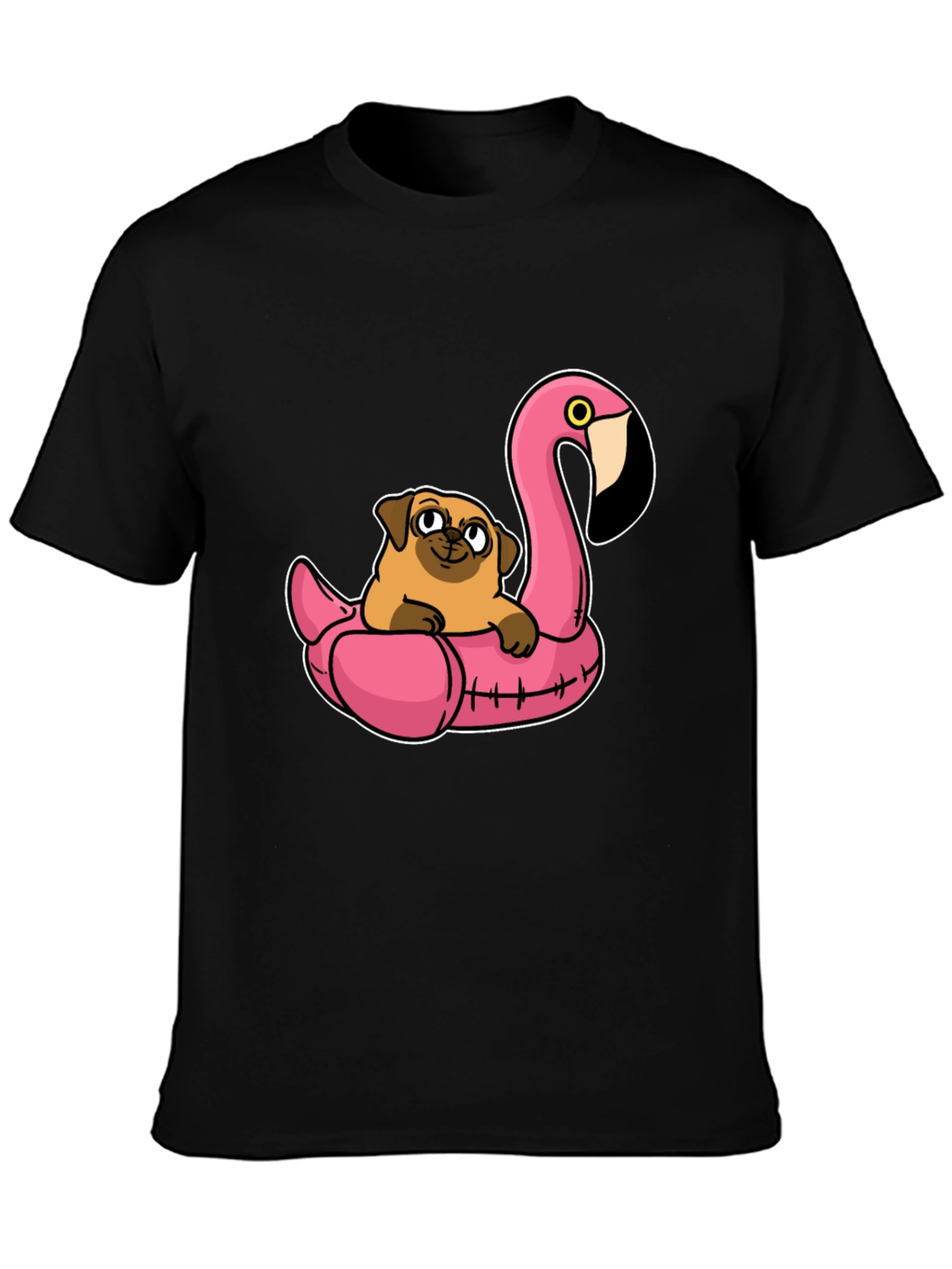 Black Pug on Flamingo Float T-Shirt view 3