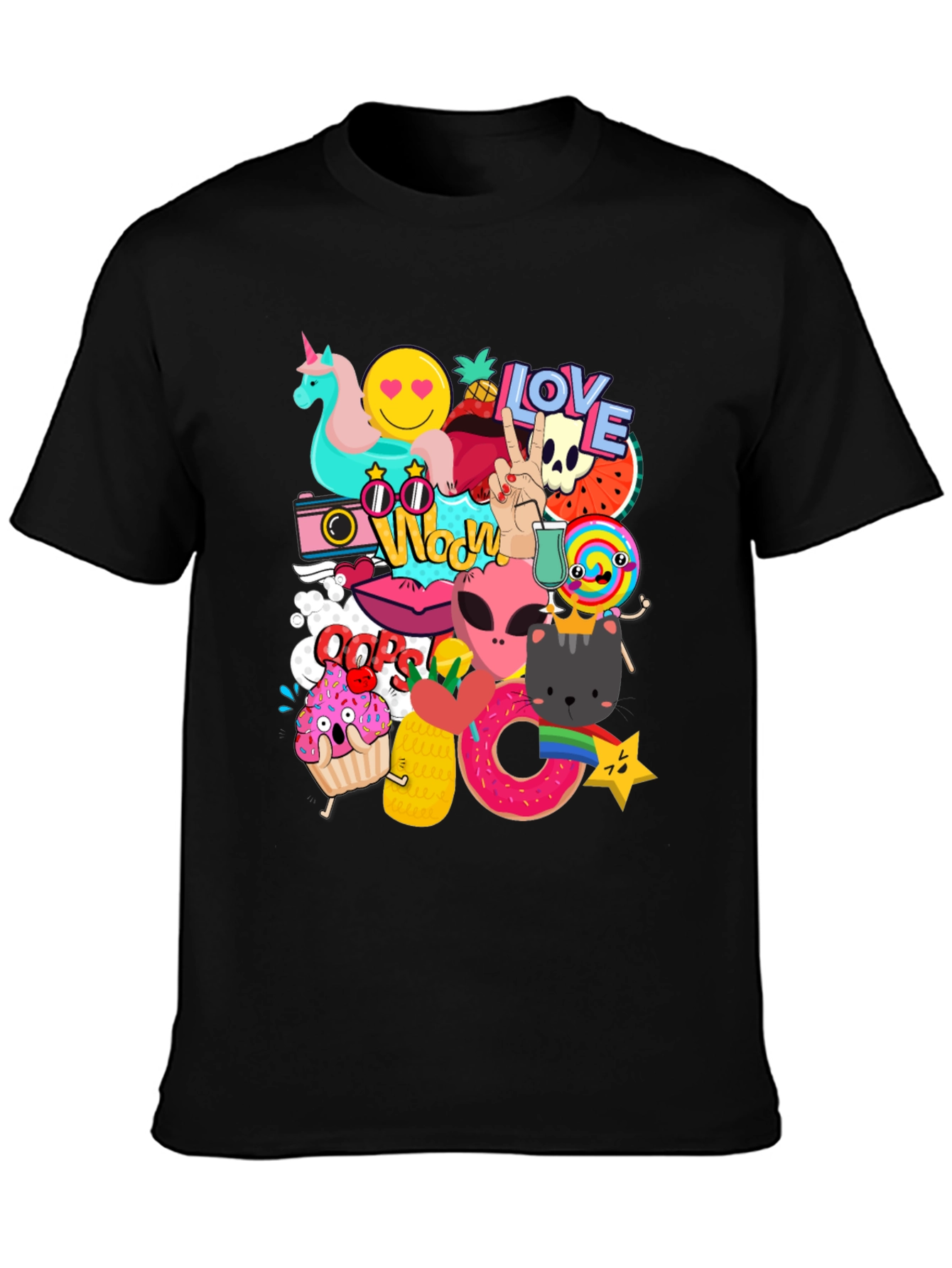 Black Funky Graphic Tee: Cartoon Sticker Bomb Design view 3