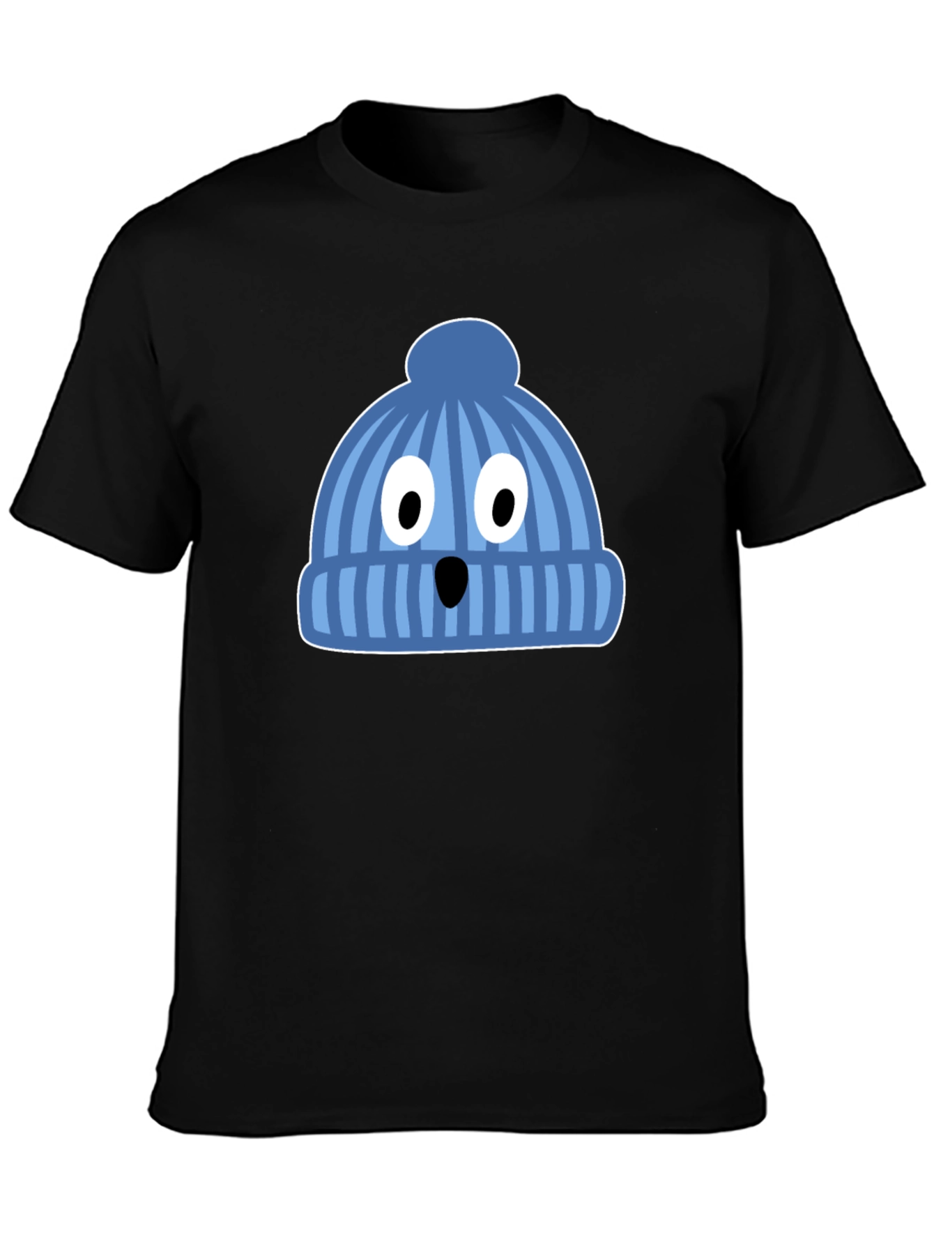 Black Funny Knit Hat Face Black T-Shirt view 3