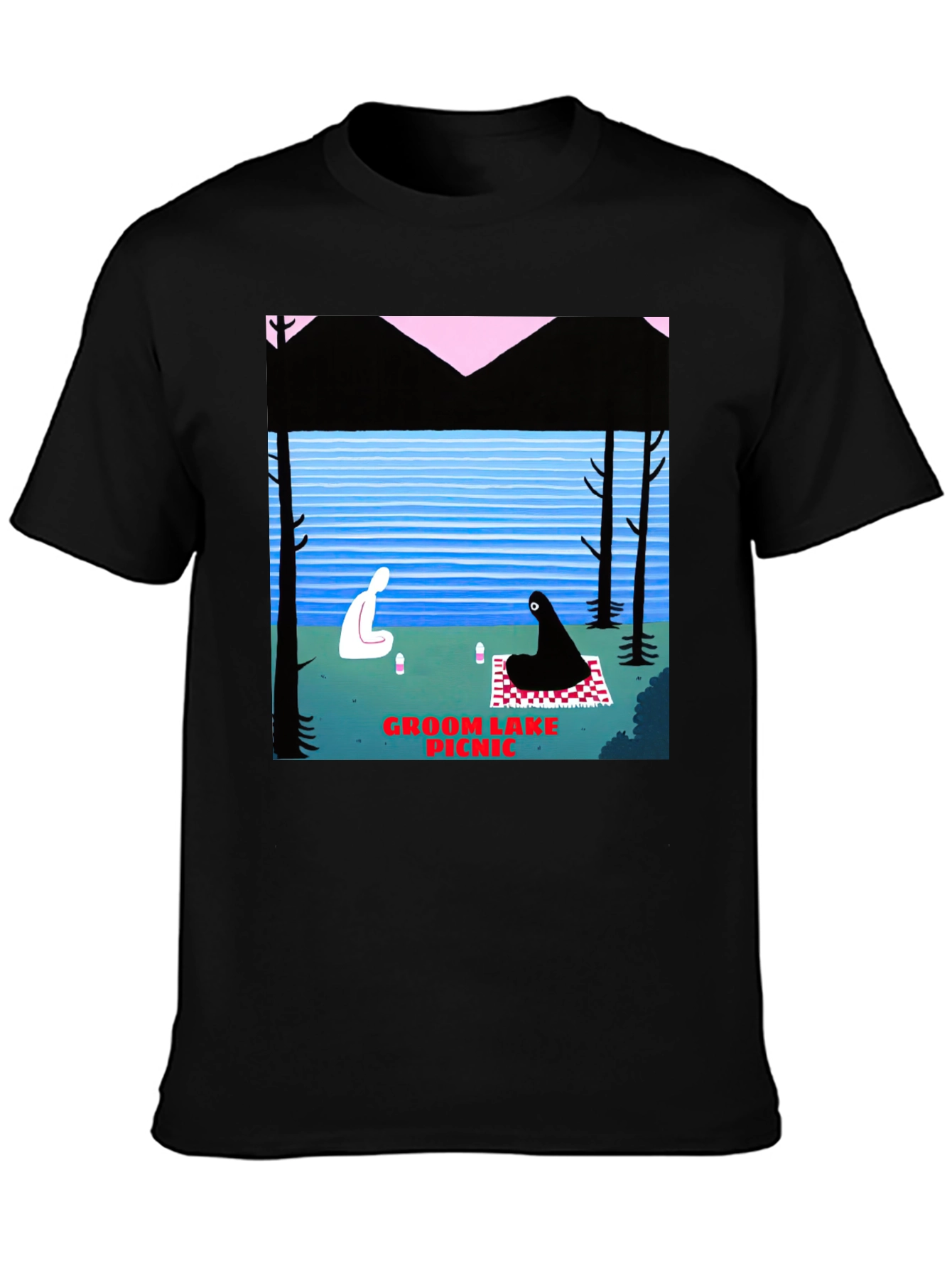 Black Groom Lake Picnic Graphic T-Shirt - Unique Art Tee view 3