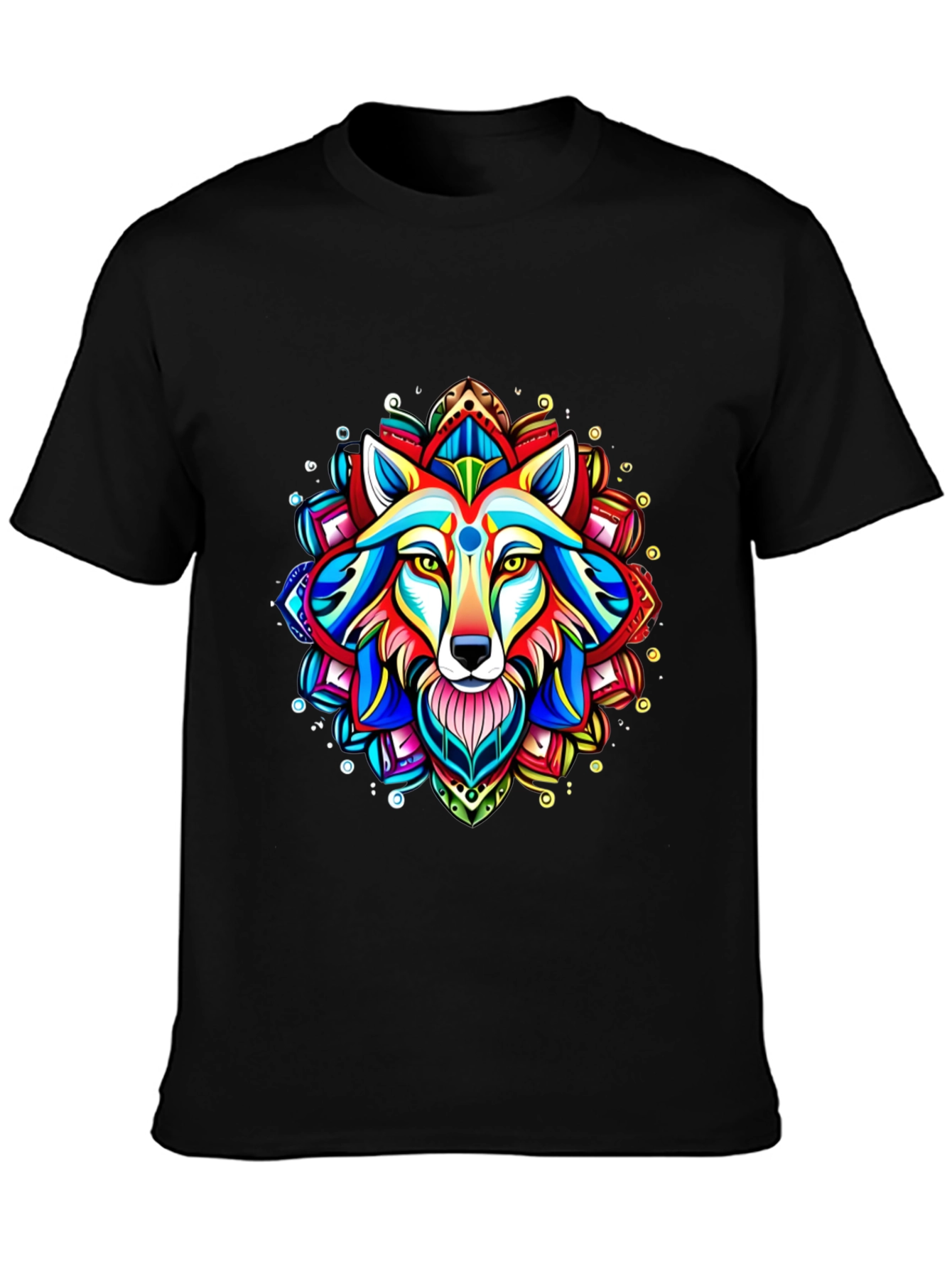 Black Vibrant Wolf Mandala Graphic Tee view 3