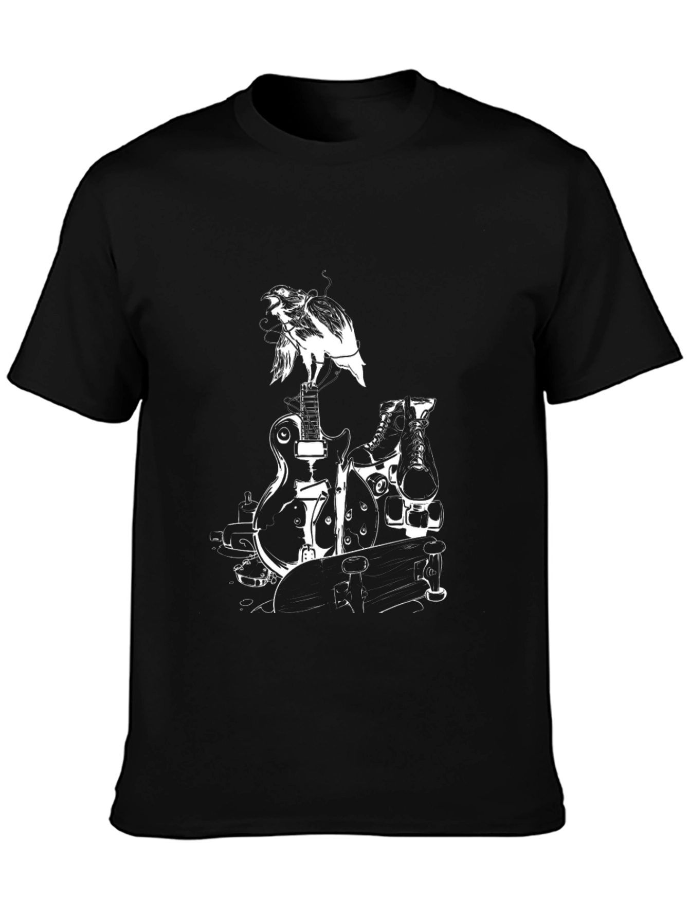 Black Black Graphic Tee: Bird, Guitar, Skates, Skateboard view 3