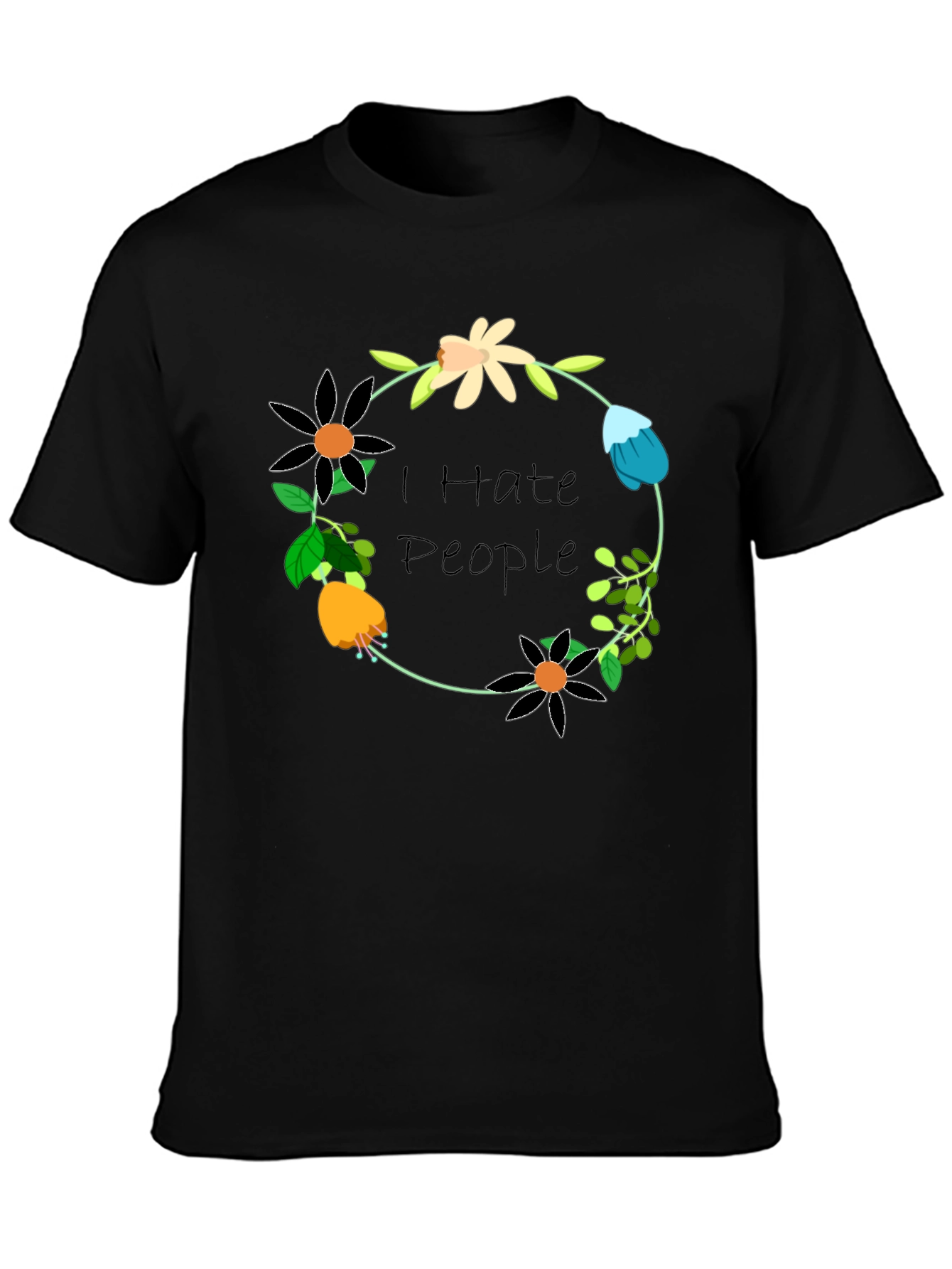 Black I Hate People Floral Wreath T-Shirt view 3