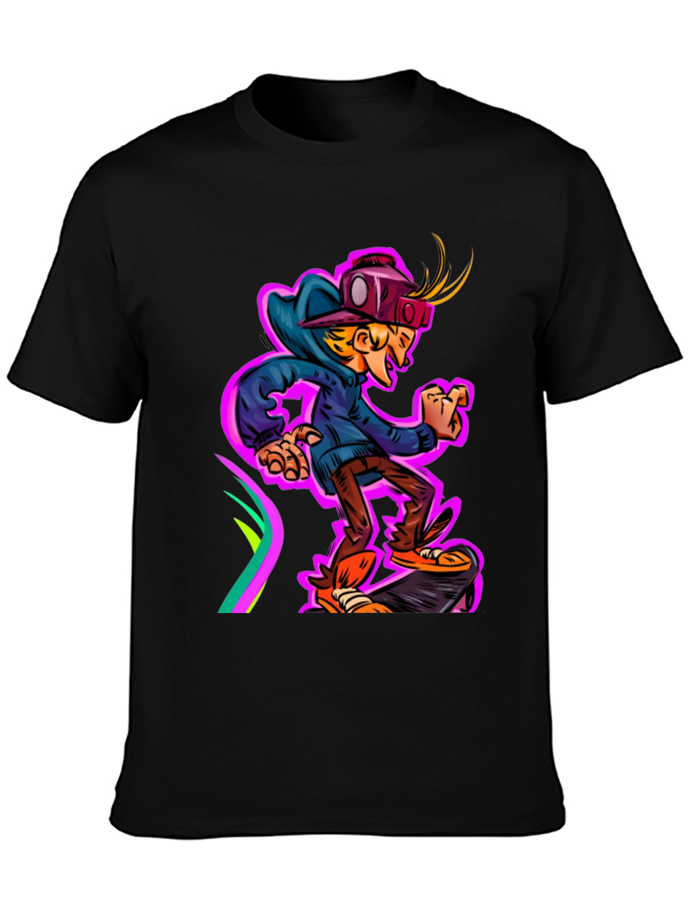 Black Cartoon Graphic Tee - Skateboarding Kid view 3