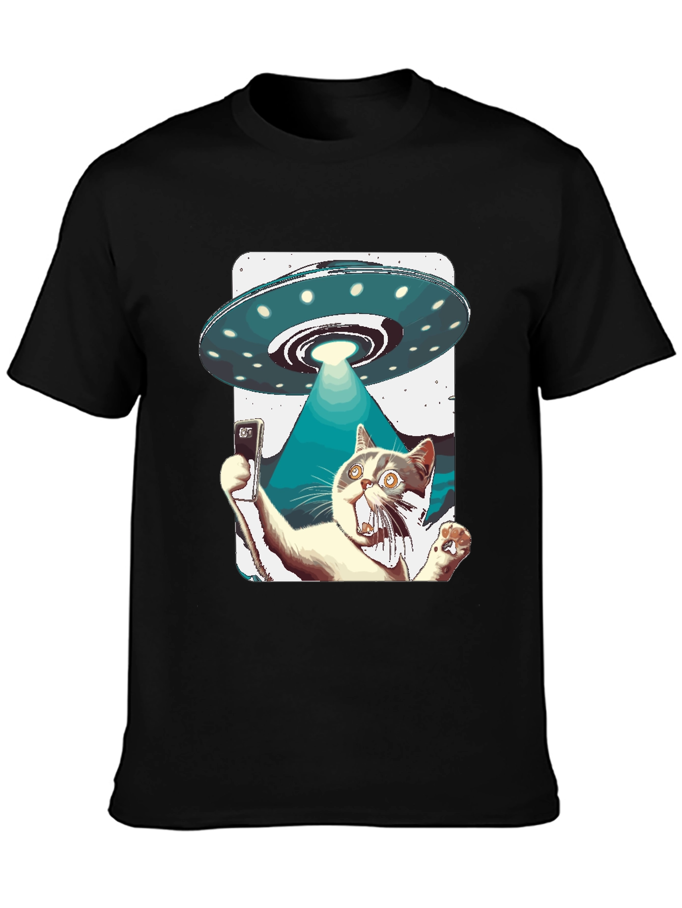 Black Alien Abduction Cat Selfie T-Shirt view 3
