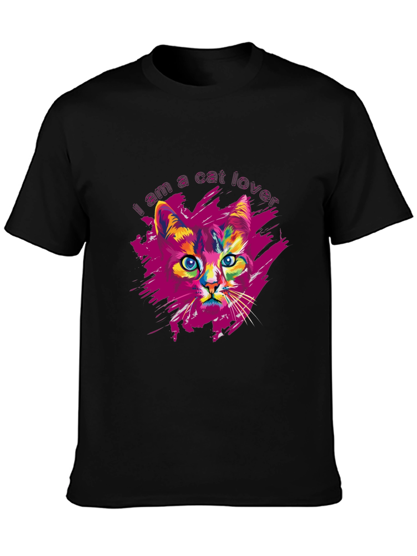 Black Vibrant Cat Lover Graphic Print Black T-Shirt view 3