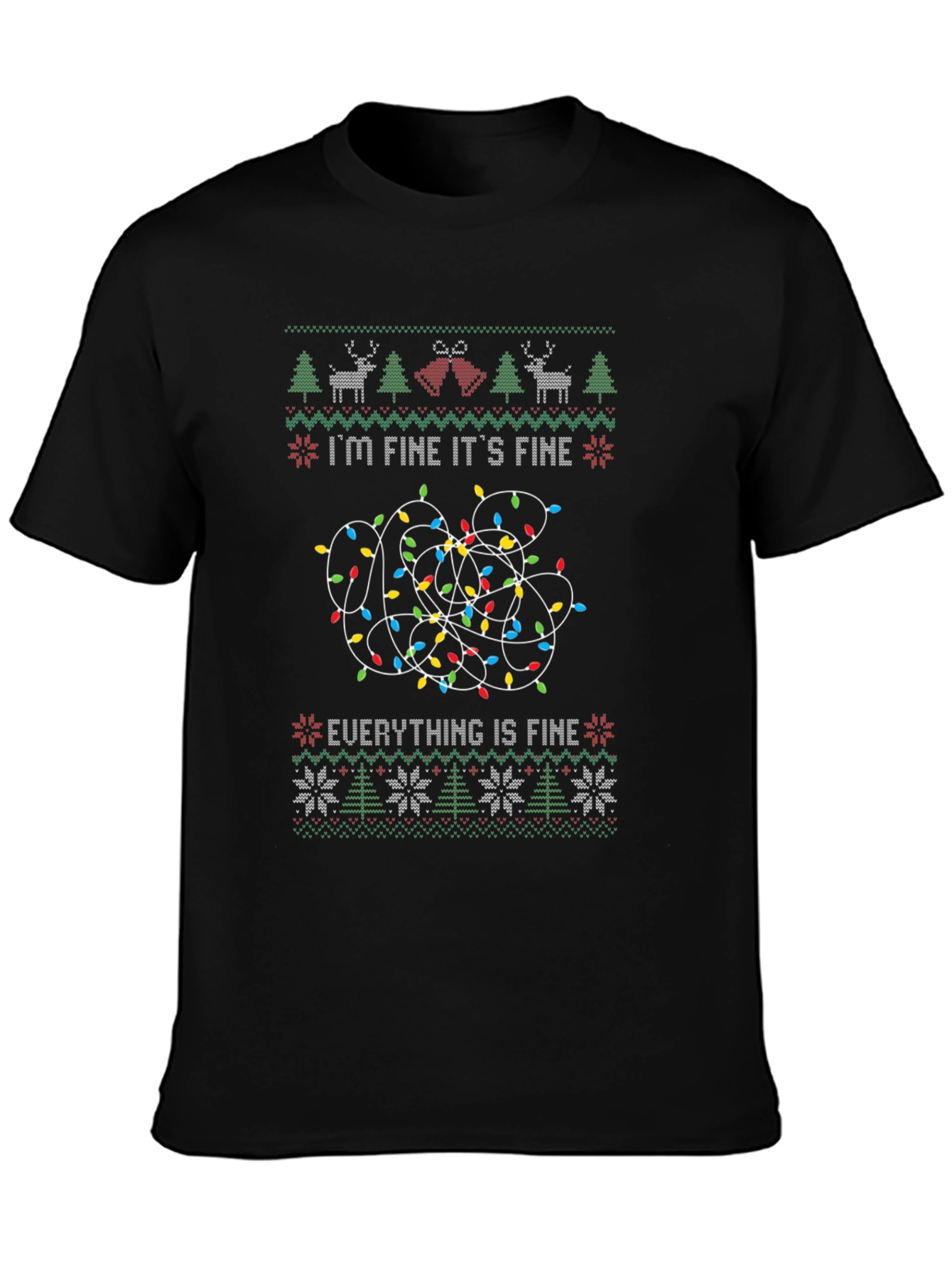 Black I'm Fine It's Fine Everything is Fine Christmas Lights Ugly Sweater T-Shirt view 3