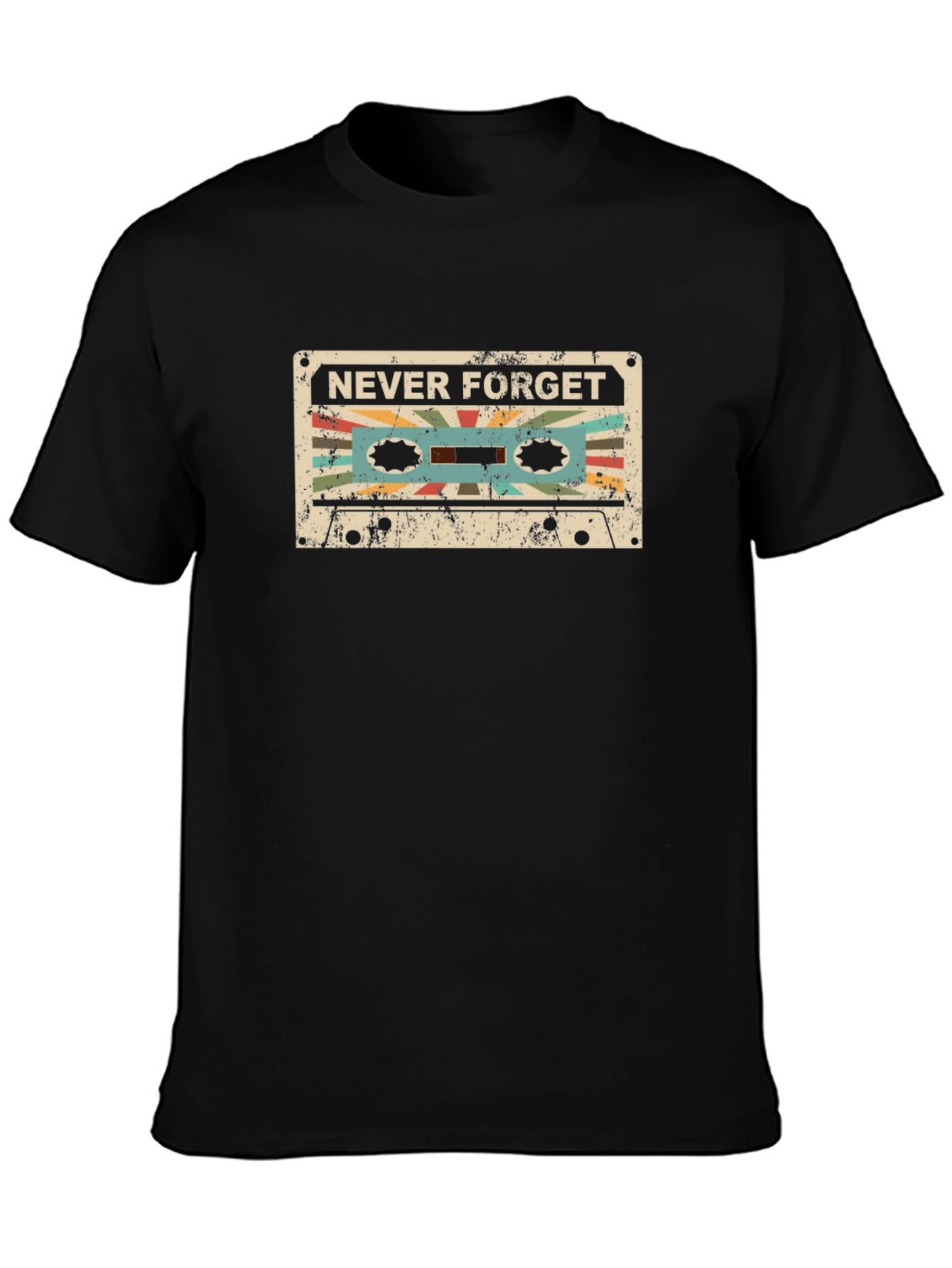 Black Retro Cassette Tape 'Never Forget' Graphic T-Shirt view 3