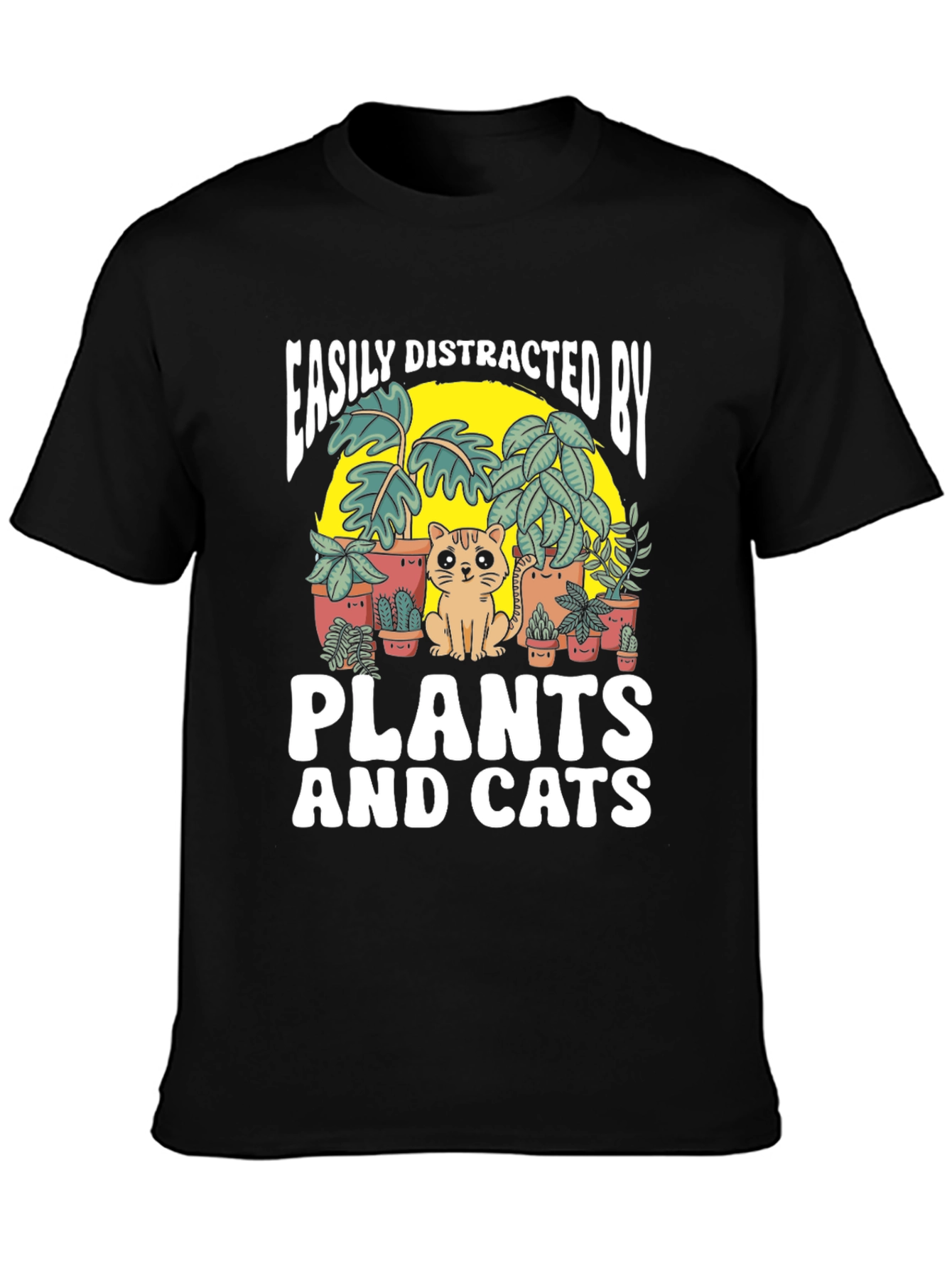 Black Easily Distracted by Plants and Cats T-Shirt view 3