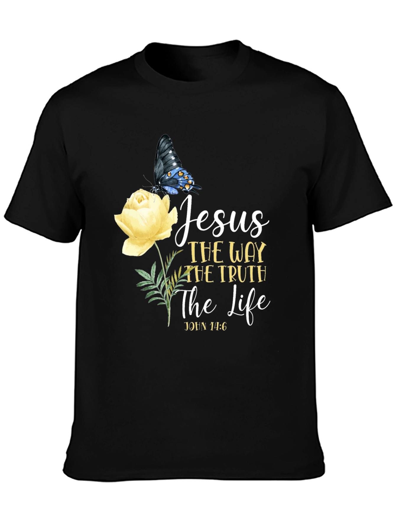 Black Jesus Way Truth Life T-Shirt Butterfly Rose Graphic view 3