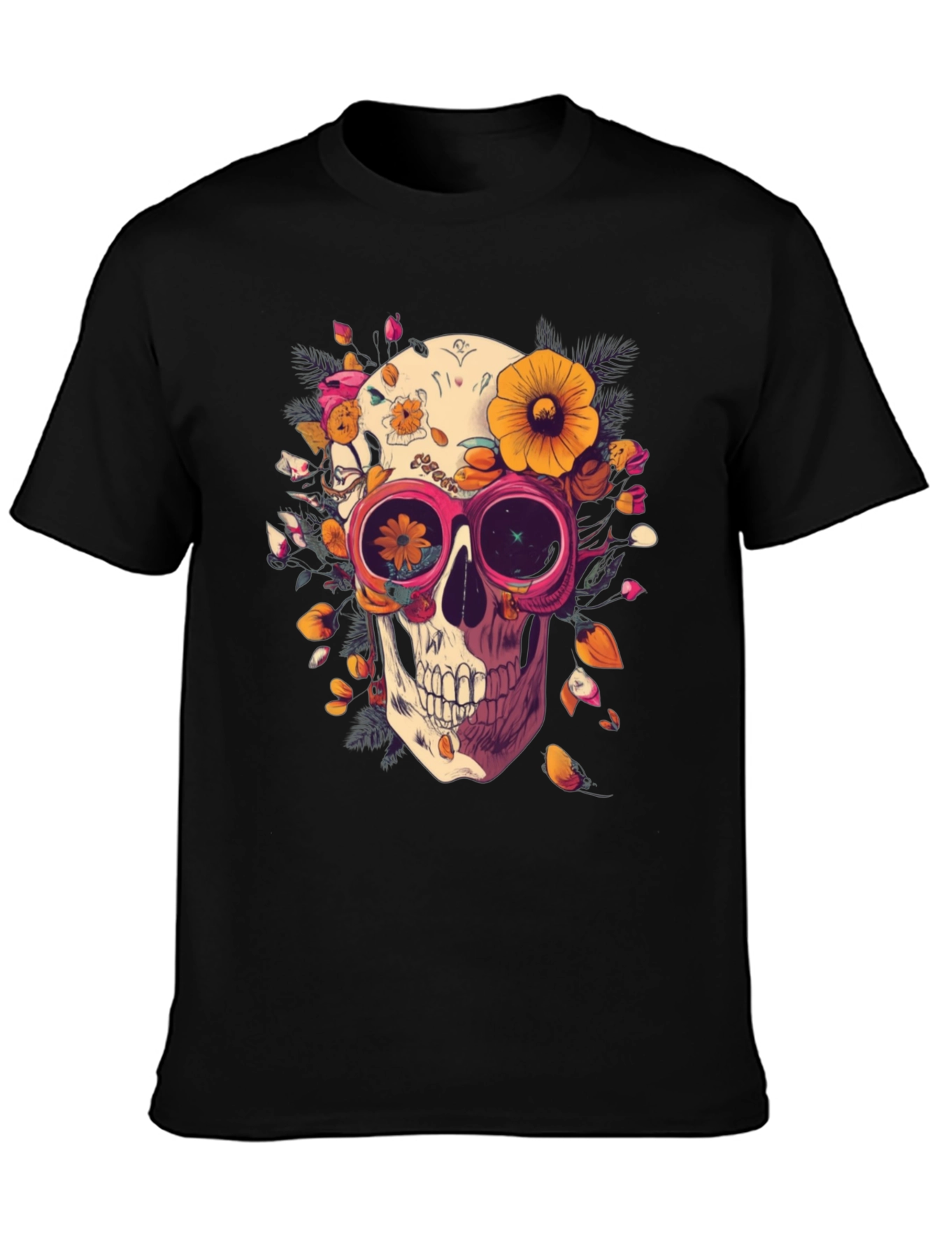 Black Floral Skull Graphic Tee - Unique Unisex T-Shirt view 3