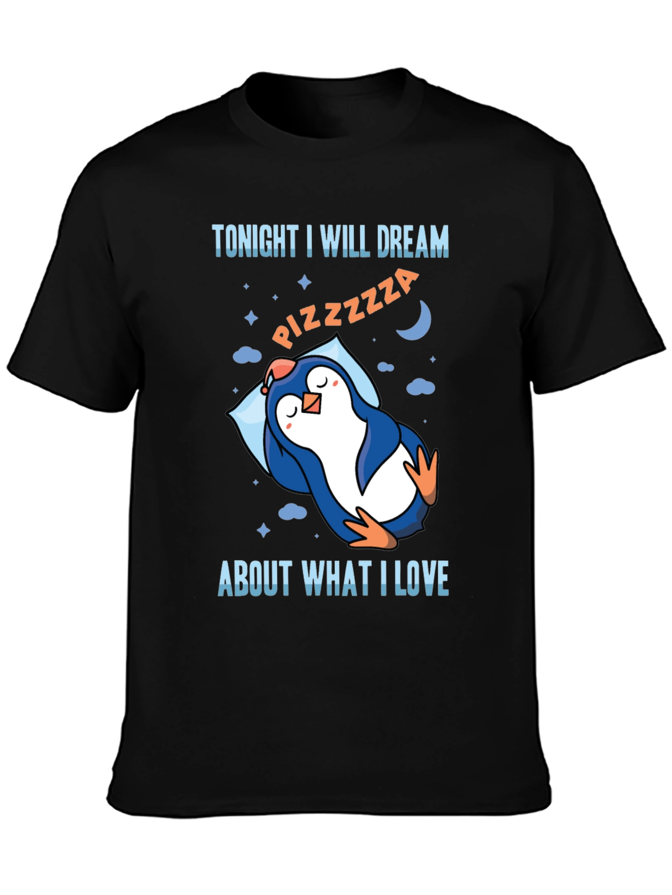 Black Pizza Dream Penguin T-Shirt -  Comfortable Crew Neck Tee view 3