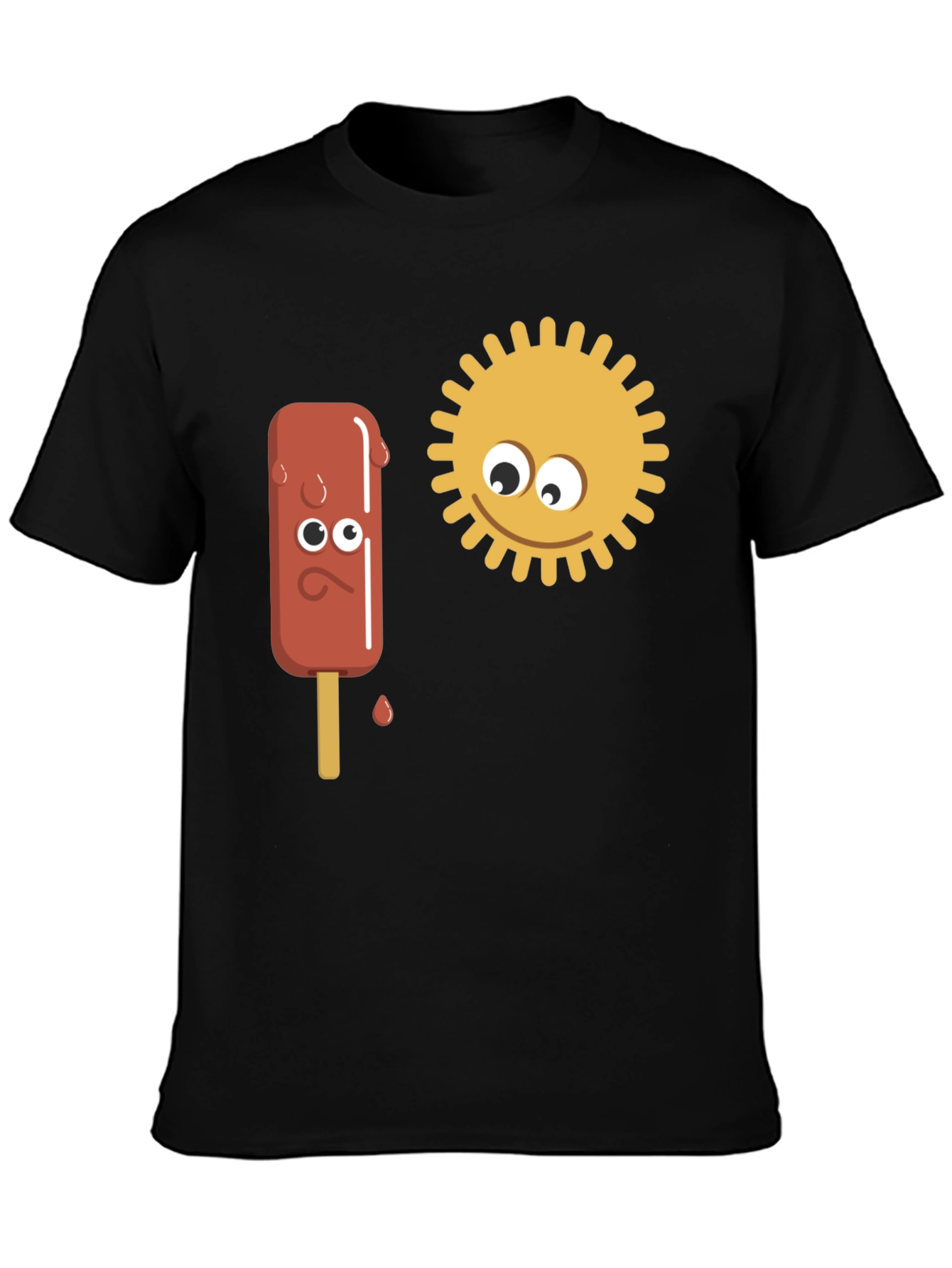 Black Funny Cartoon Sun & Ice Cream Men's Black T-Shirt view 3