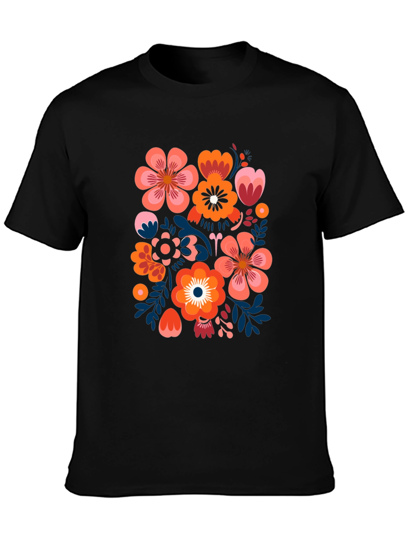 Black Floral Pattern Black T-Shirt view 3