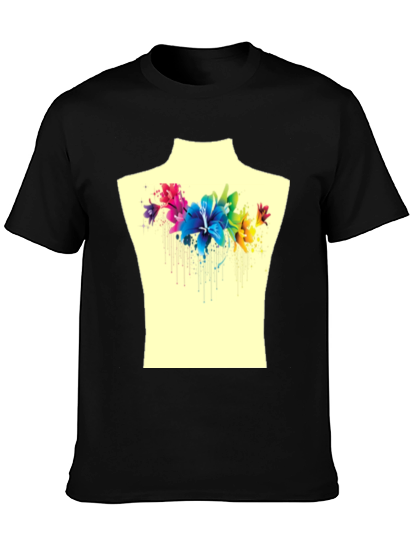 Black Floral Watercolor Graphic Tee - Stylish Men's T-Shirt view 3