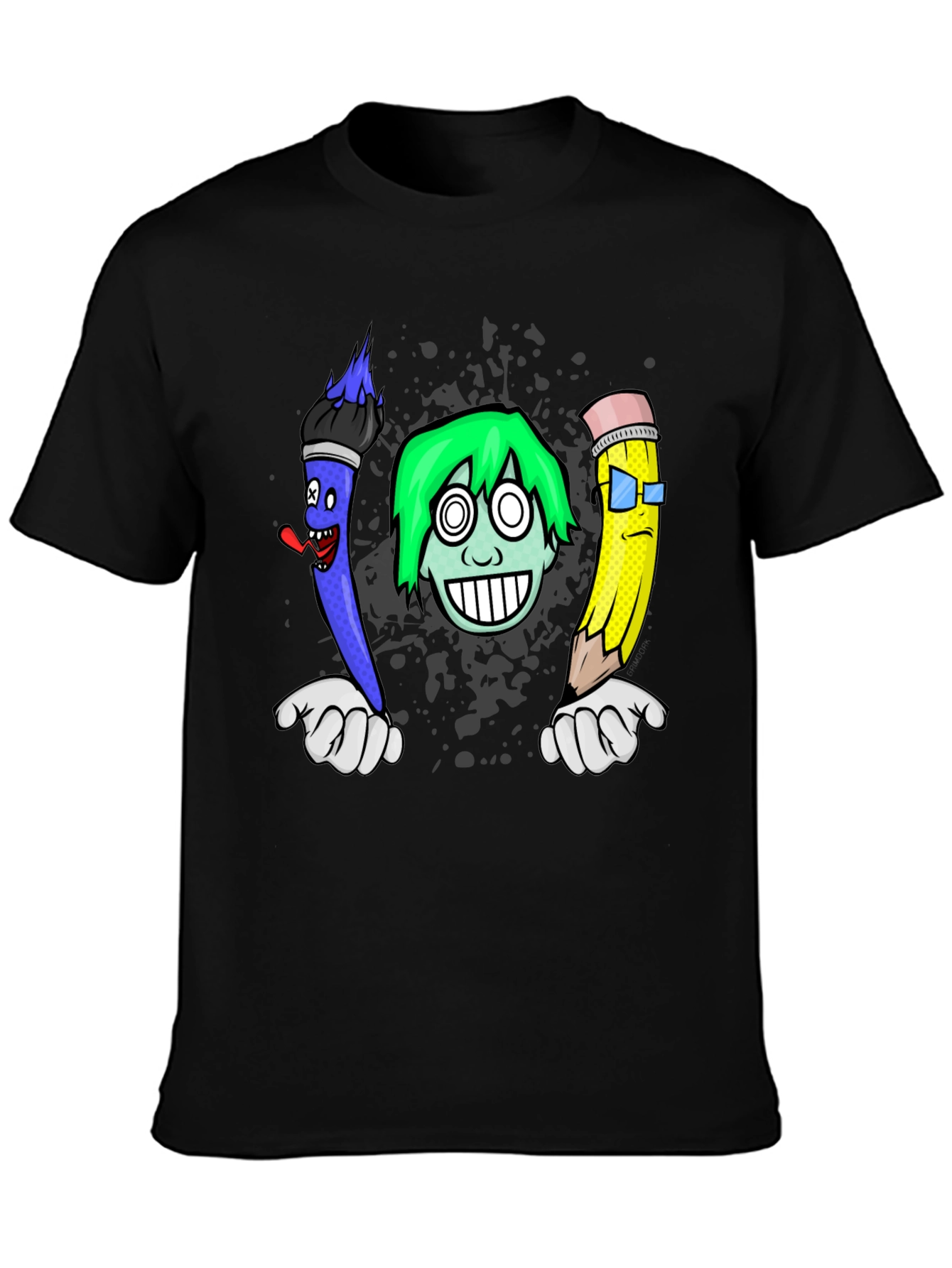 Black Cartoon Art T-Shirt: Brush, Pencil, & Character view 3
