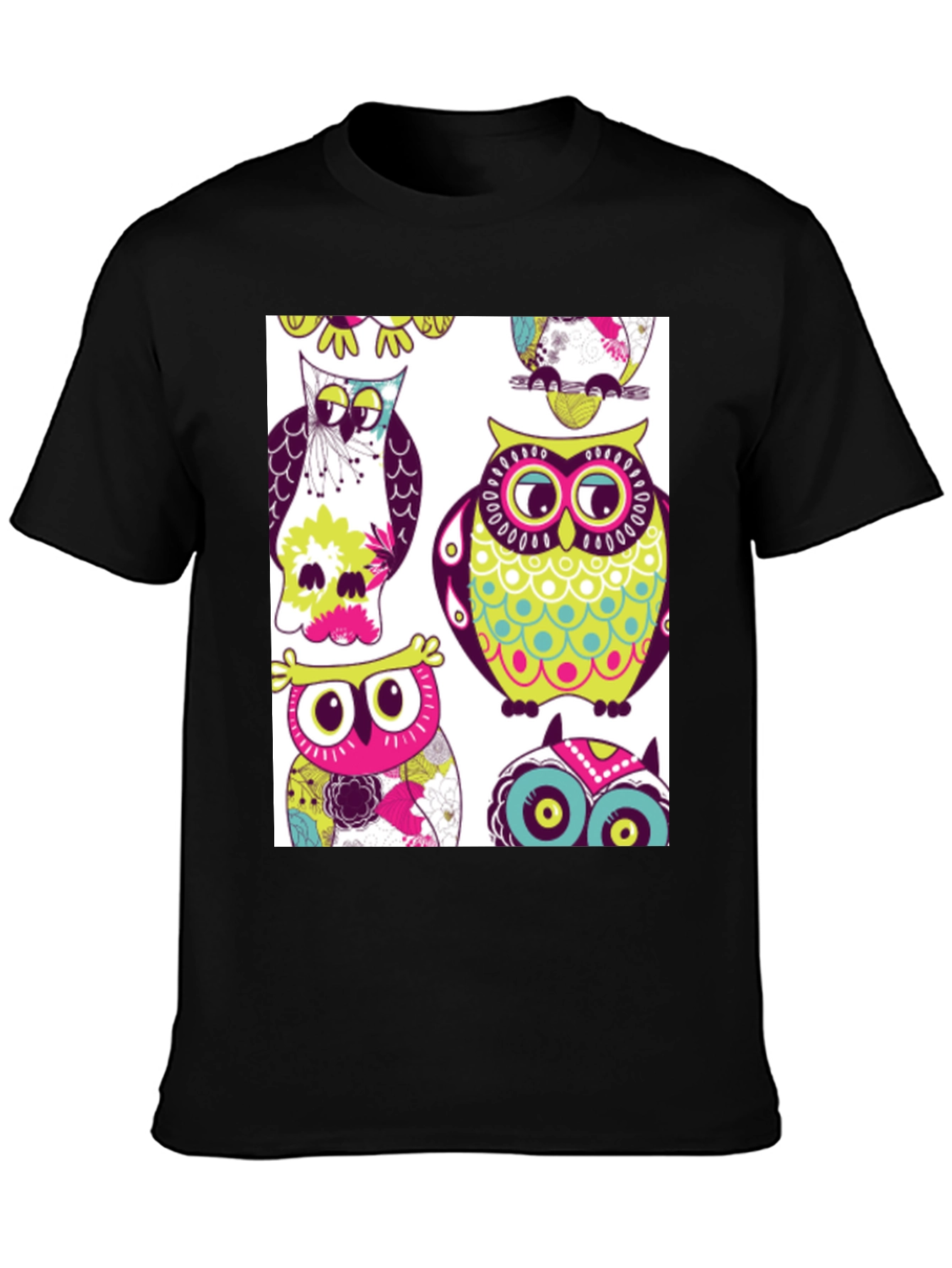 Black Owl Pattern Graphic Print Crew Neck Tee view 3