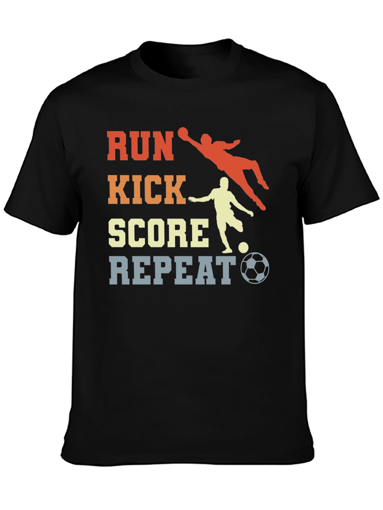 Black Run Kick Score Repeat Soccer T-Shirt view 3