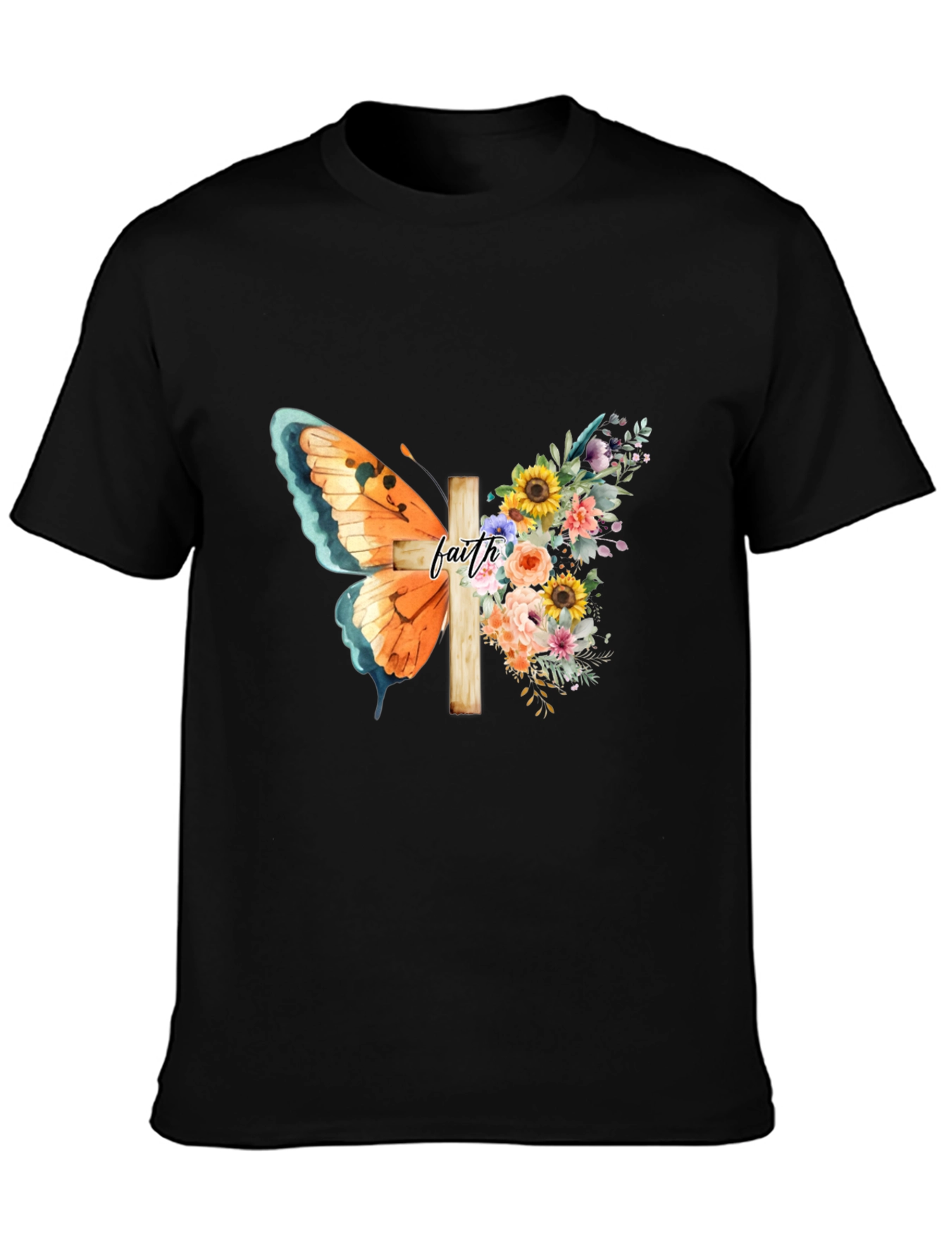 Black Faith Butterfly Floral Cross Graphic Tee view 3