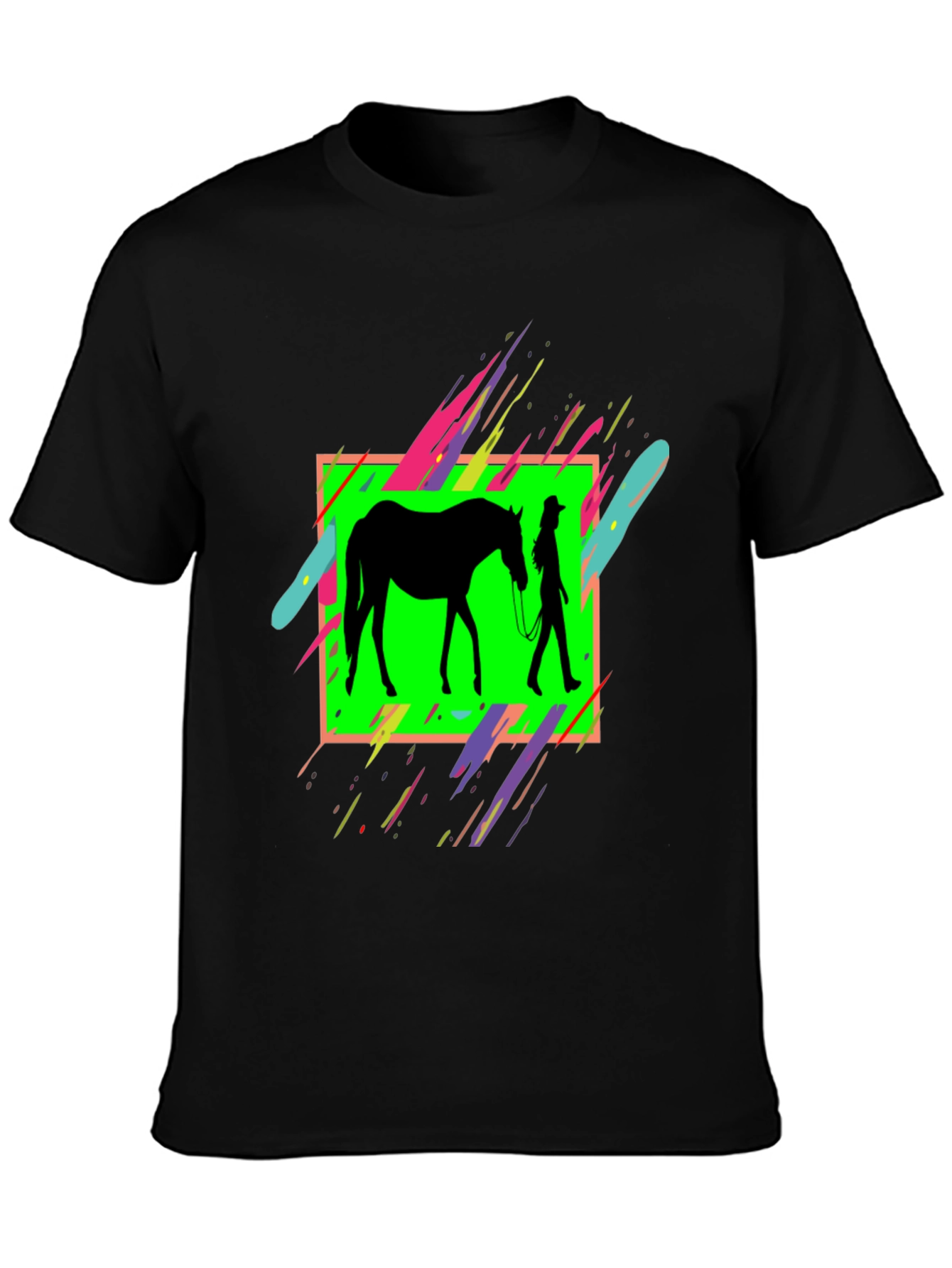 Black Horse & Rider Graphic Tee - Neon Silhouette Design view 3