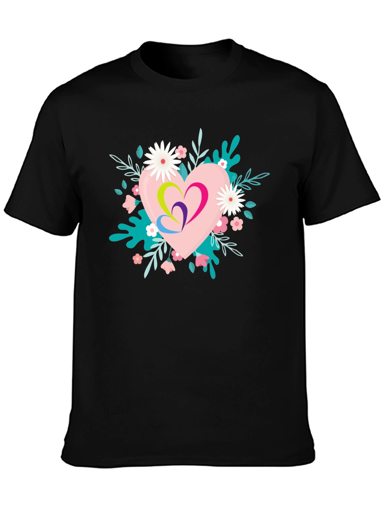 Black Floral Heart Graphic Black T-Shirt view 3